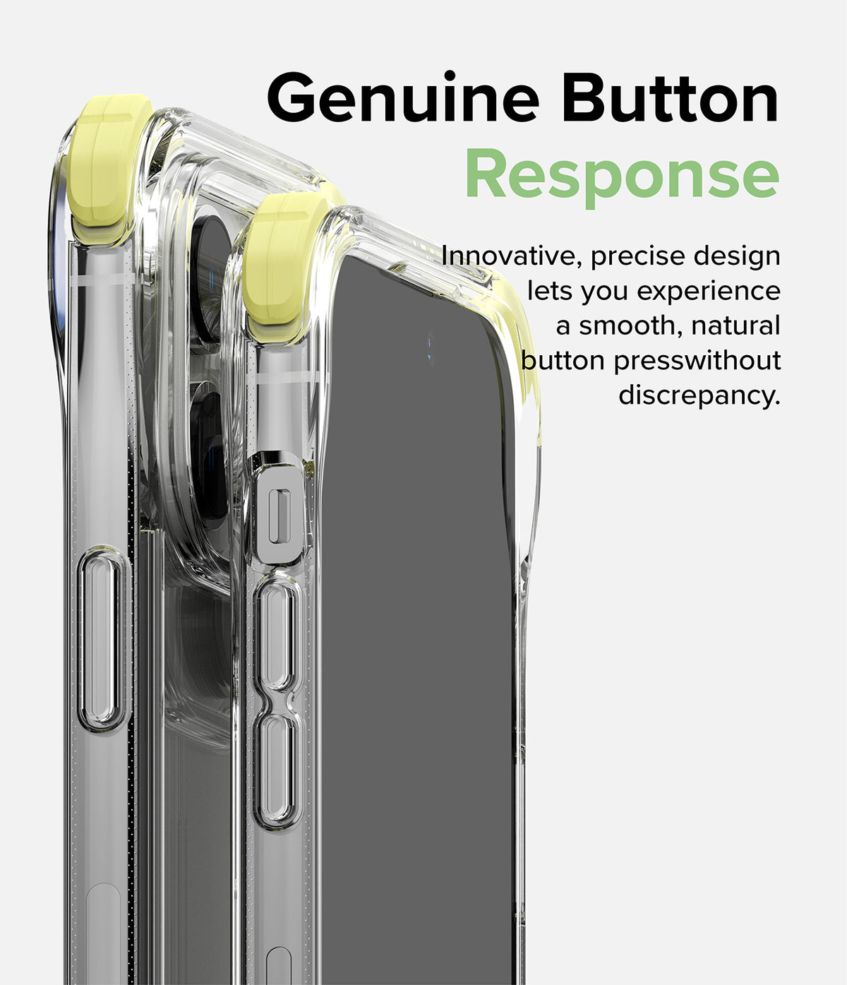 iPhone 14 Pro Max Case | Fusion Plus - Close-up of a clear phone case with distinct yellow accent buttons on the side.