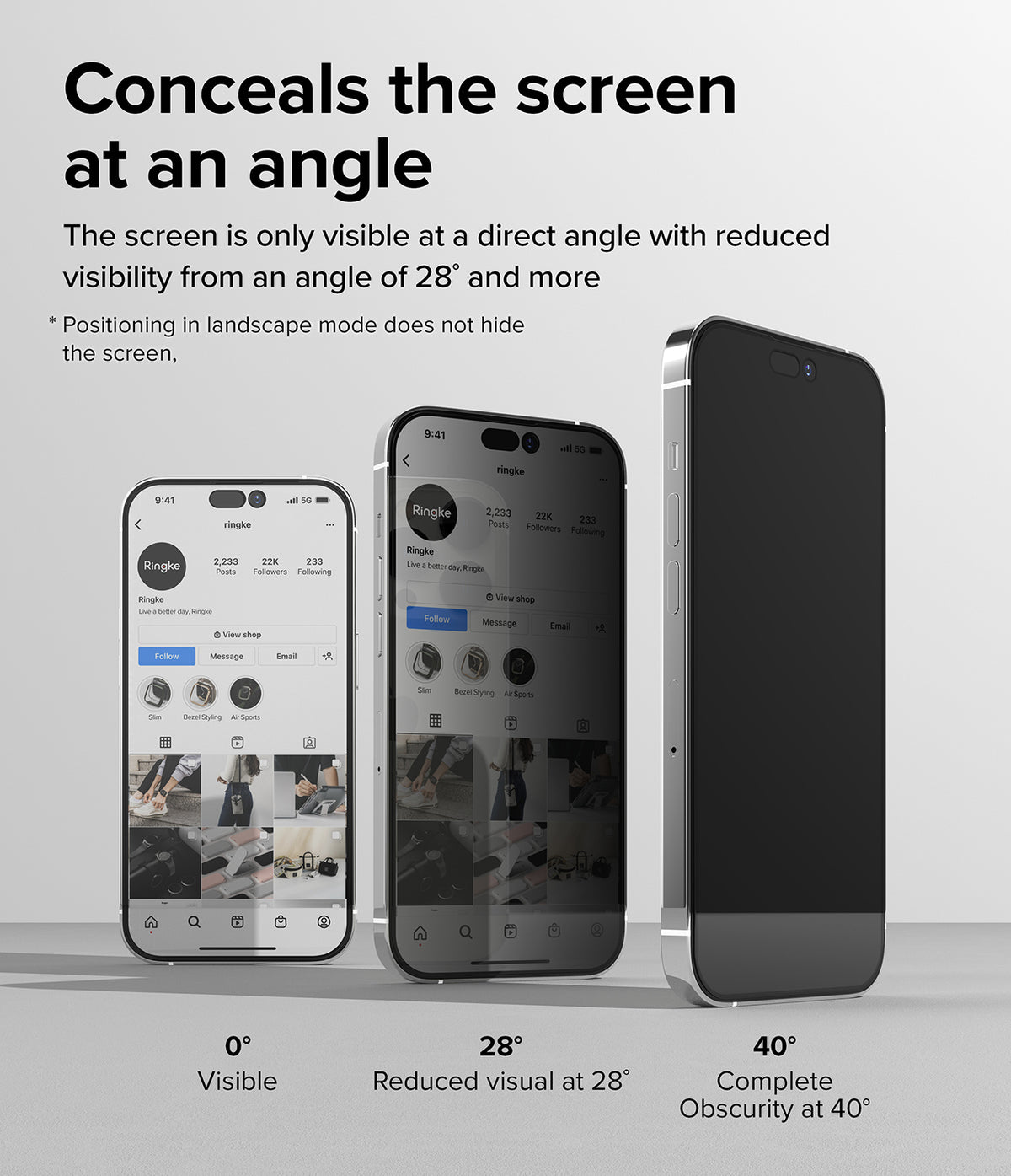 iPhone 14 Pro Max Screen Protector | Privacy Glass - iPhone 14 Pro Max Screen Protector - Three phones showing privacy glass visibility decreasing from 0 to 40 degrees.