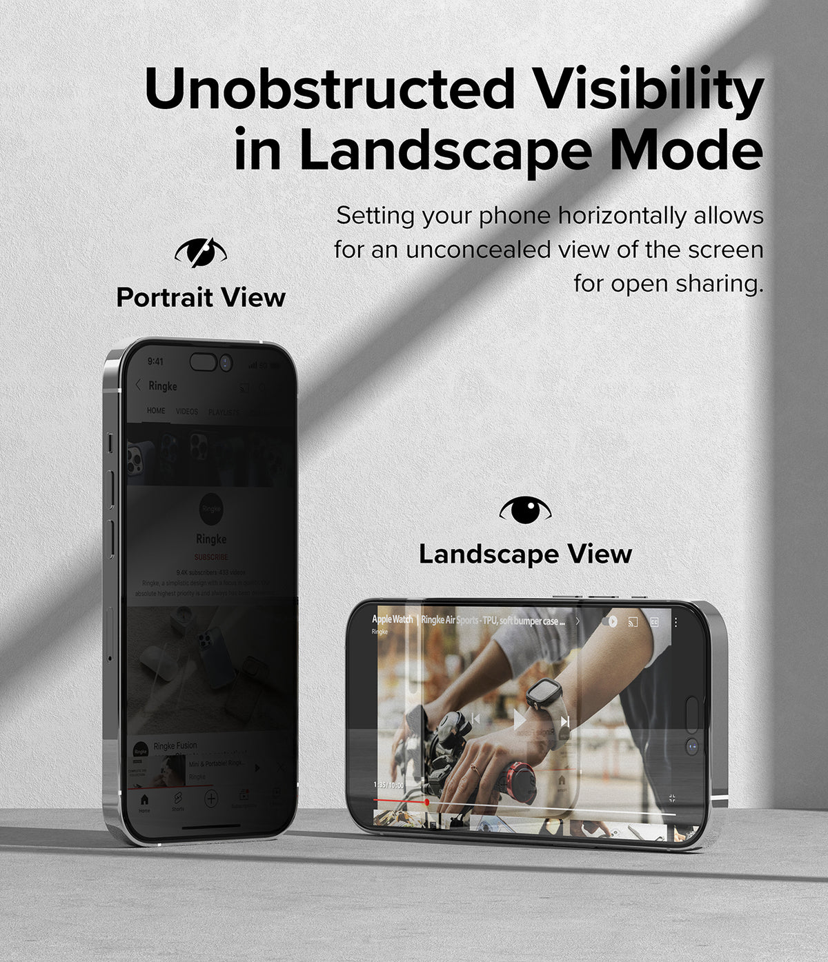 iPhone 14 Pro Max Screen Protector | Privacy Glass - Comparison of dark portrait view and clear landscape view.