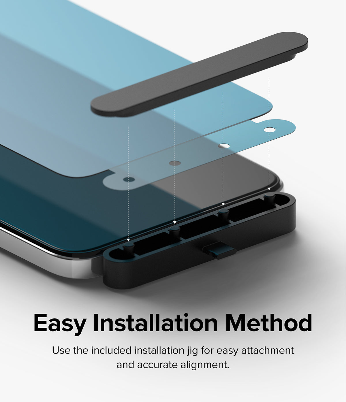 iPhone 14 Pro Screen Protector | Full Cover Glass - Exploded view of screen protector aligning with phone via jig.