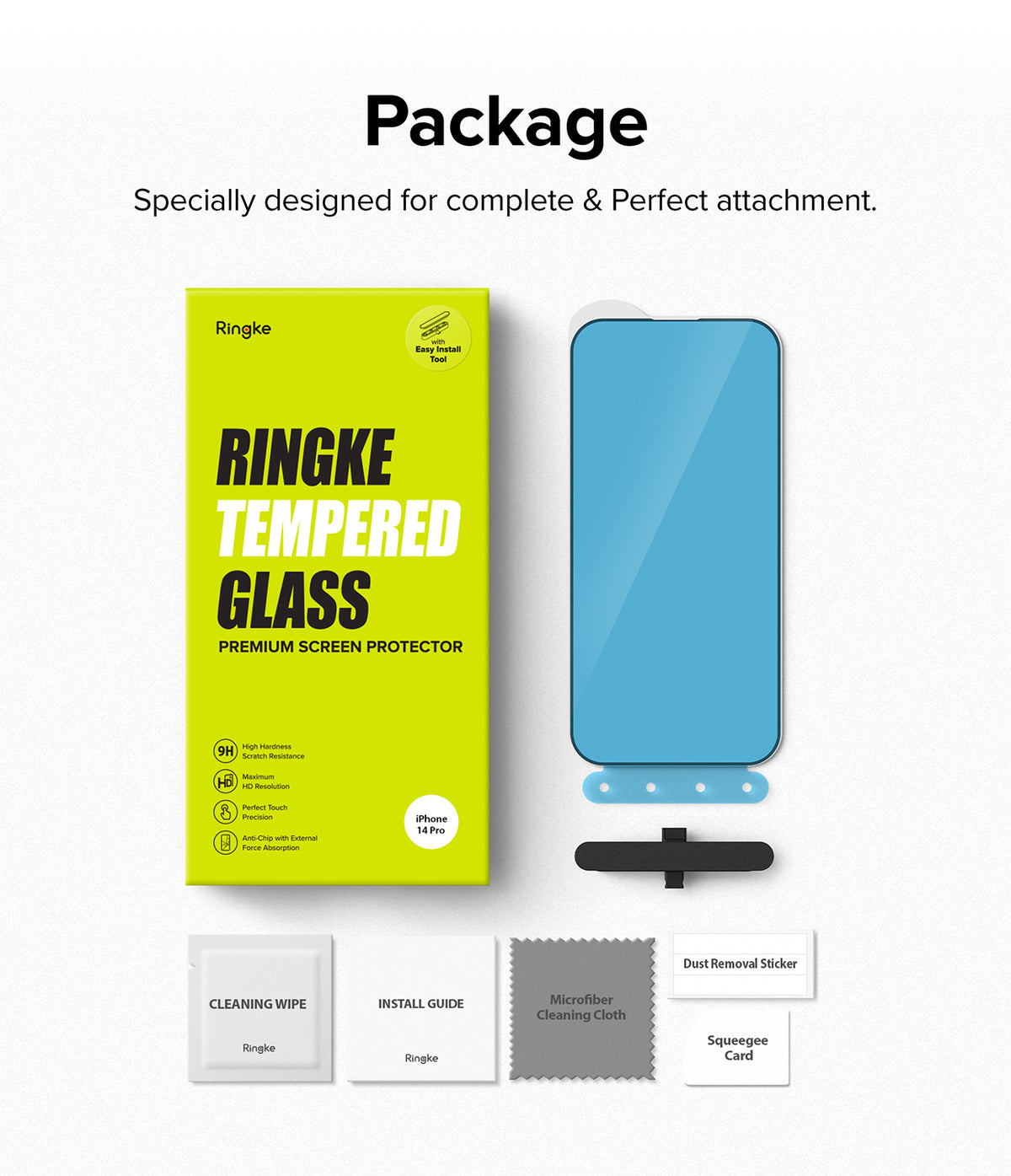 iPhone 14 Pro Screen Protector | Full Cover Glass - iPhone 14 Pro Screen Protector - Ringke tempered glass box, screen protector with install tool, and cleaning accessories.
