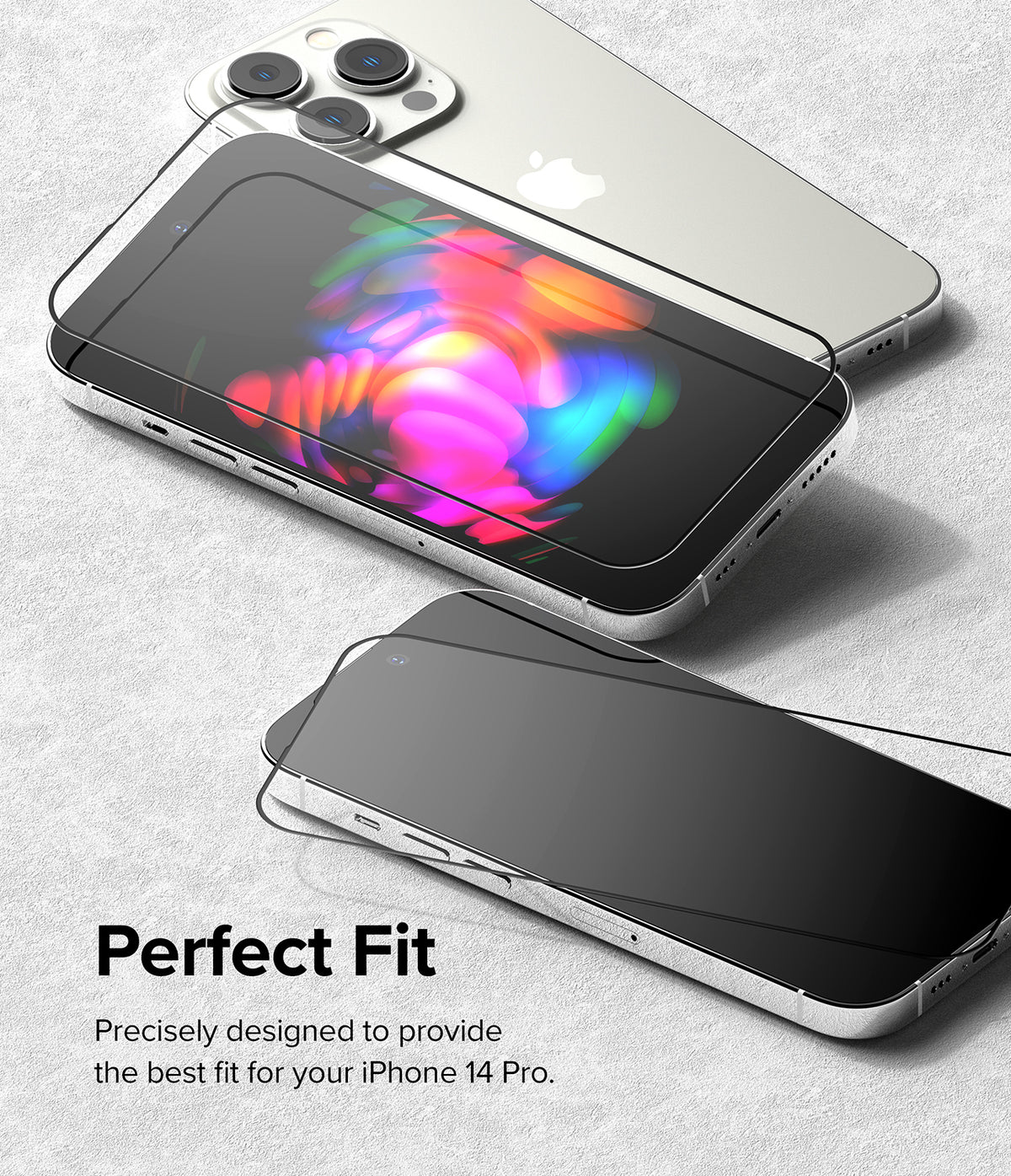 iPhone 14 Pro Screen Protector | Full Cover Glass - iPhone 14 Pro Screen Protector - Two silver iPhones with glass screen protectors hovering above their displays.