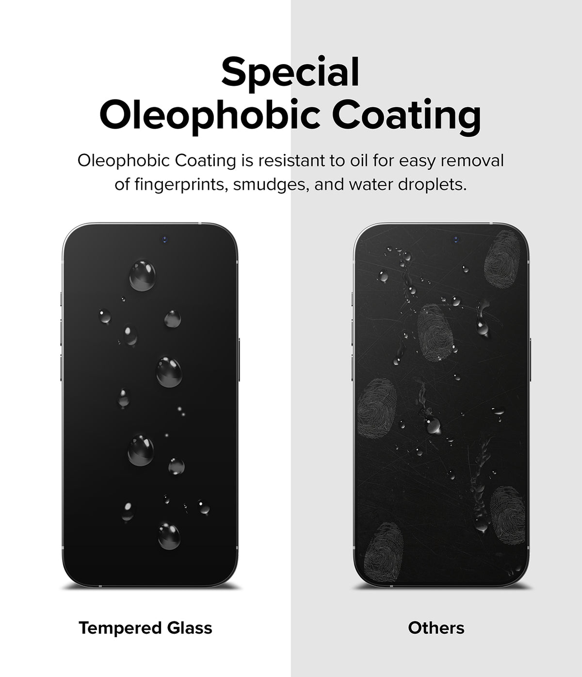 iPhone 14 Pro Screen Protector | Full Cover Glass - iPhone 14 Pro Screen Protector - Comparison showing water beading on tempered glass versus smudges on standard glass.