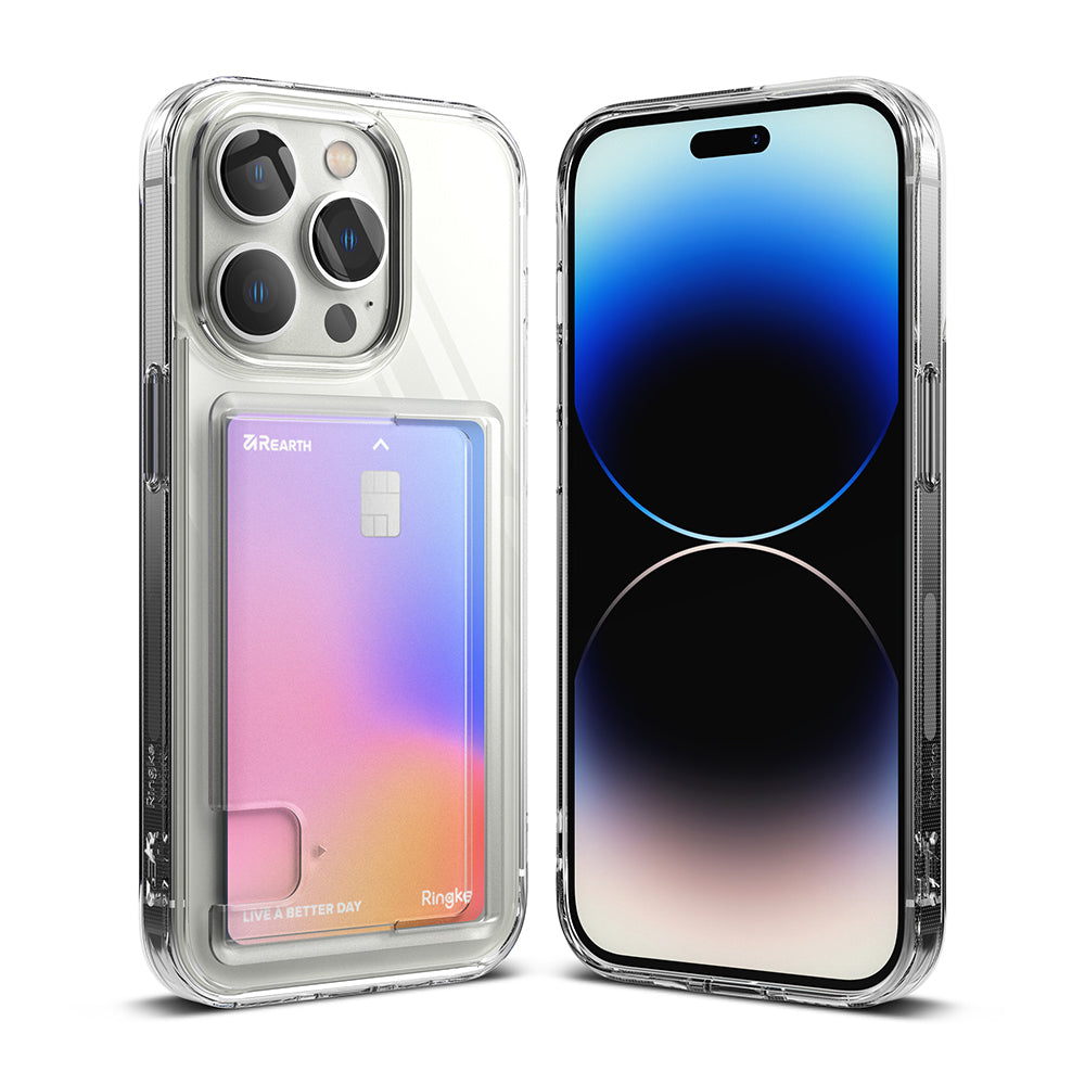 iPhone 14 Pro Max Case | Fusion Card - Clear phone case with a rear card slot holding a gradient-colored credit card.