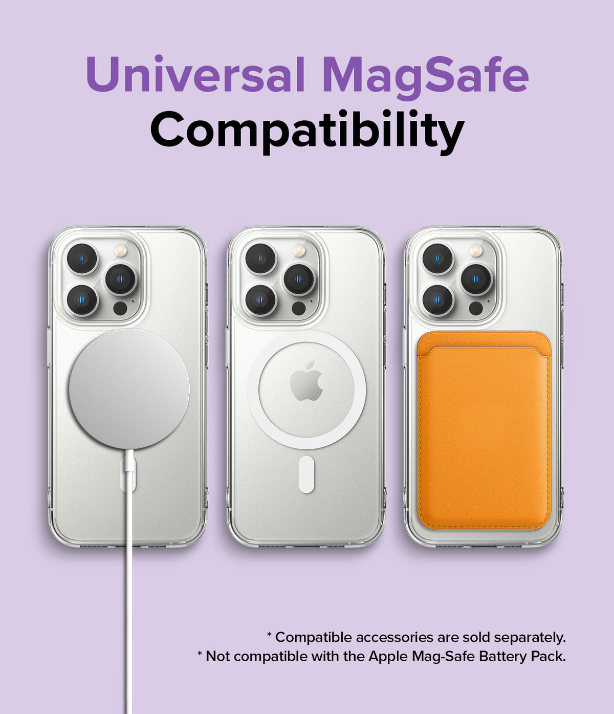 iPhone 14 Pro Case | Fusion Magnetic Matte - Three iPhone 14 Pro phones with MagSafe charger, ring, and wallet attached.