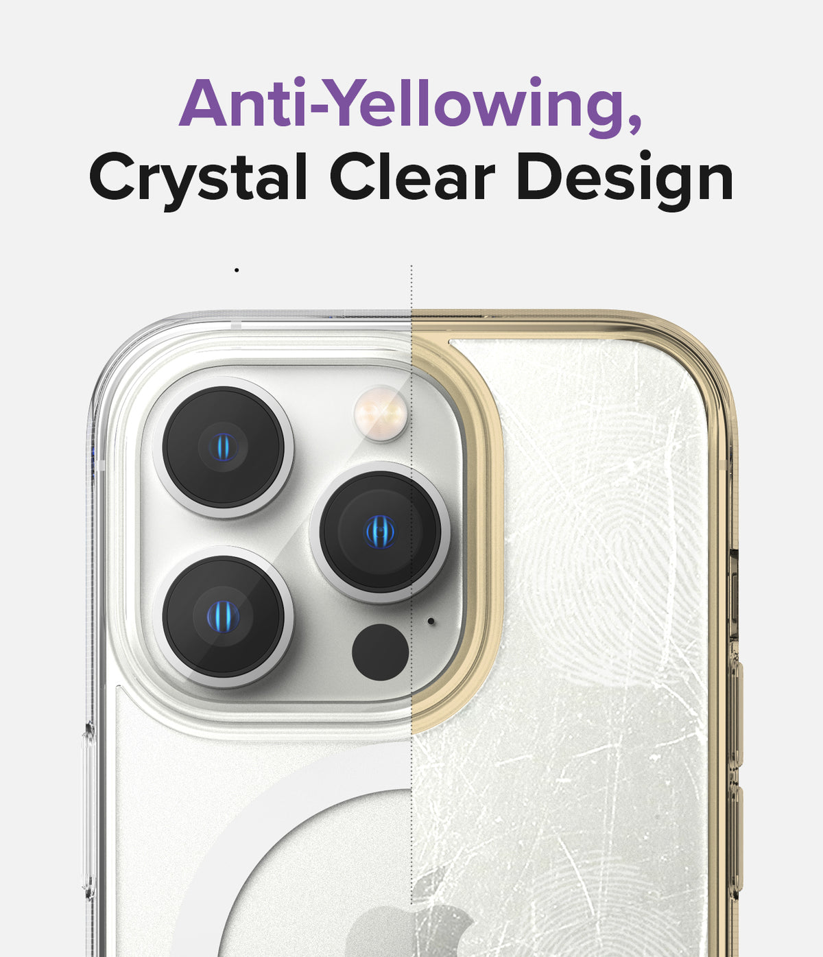 iPhone 14 Pro Case | Fusion Magnetic Matte - Split view comparing a clear, anti-yellowing case to a yellowed, scratched one.