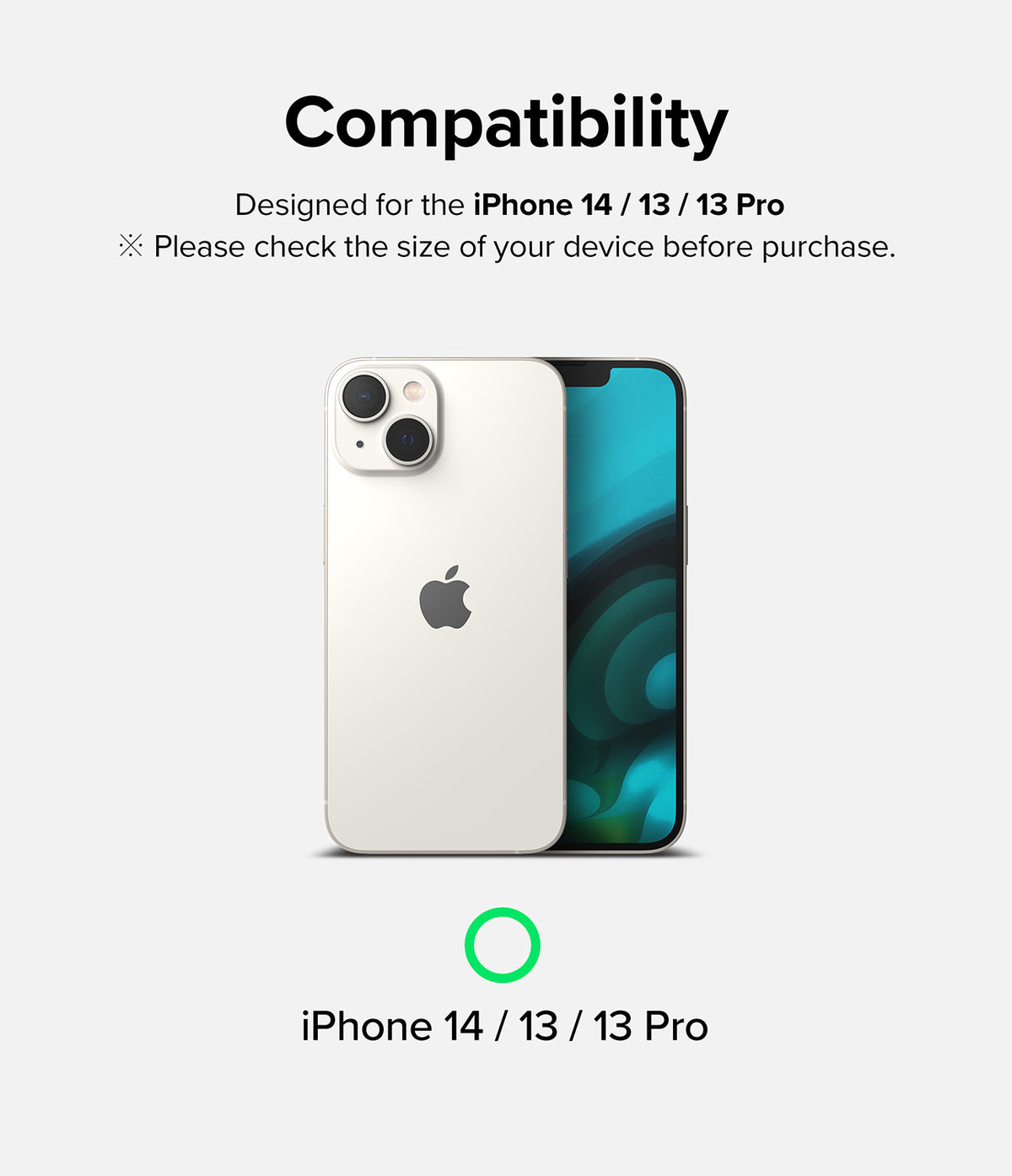 iPhone 14 / 13 Pro / 13 Screen Protector | Full Cover Glass - Compatibility chart showing a white iPhone 14/13/13 Pro.