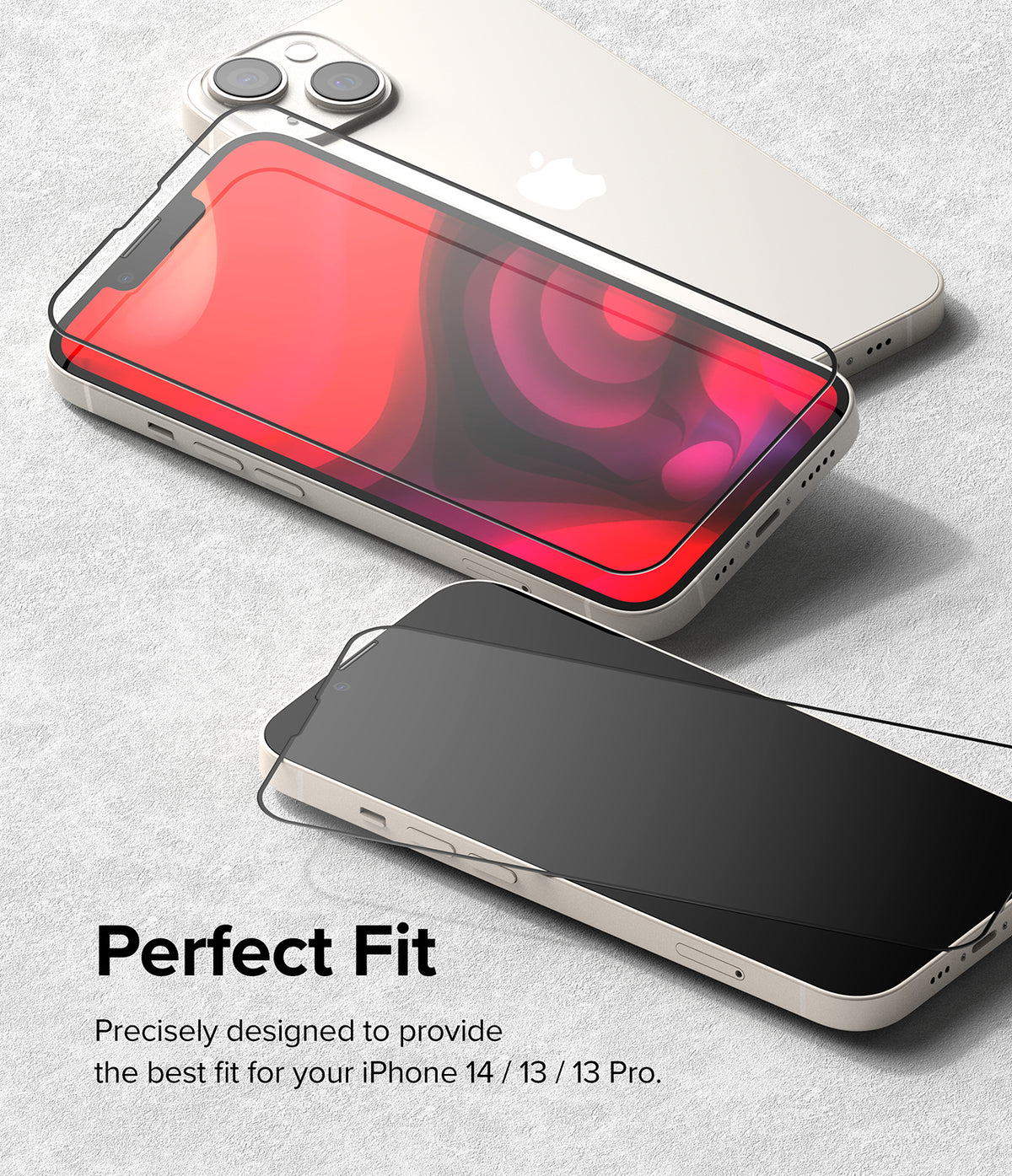 iPhone 14 / 13 Pro / 13 Screen Protector | Full Cover Glass - iPhone 14 / 13 Pro / 13 Screen Protector - Two iPhones with glass screen protectors hovering above their displays.