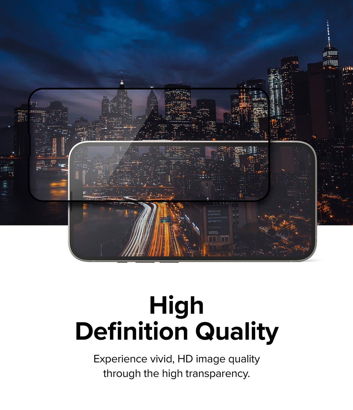iPhone 14 / 13 Pro / 13 Screen Protector | Full Cover Glass - iPhone 14 / 13 Pro / 13 Screen Protector - Transparent glass protector hovering over a smartphone displaying a city skyline.