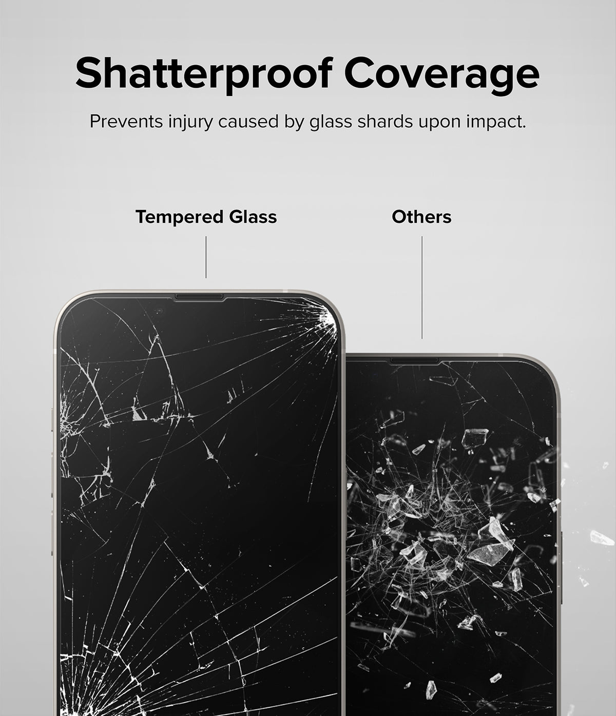 iPhone 14 / 13 Pro / 13 Screen Protector | Full Cover Glass - iPhone 14 / 13 Pro / 13 Screen Protector - Comparison showing tempered glass holding shards together versus shattered glass.