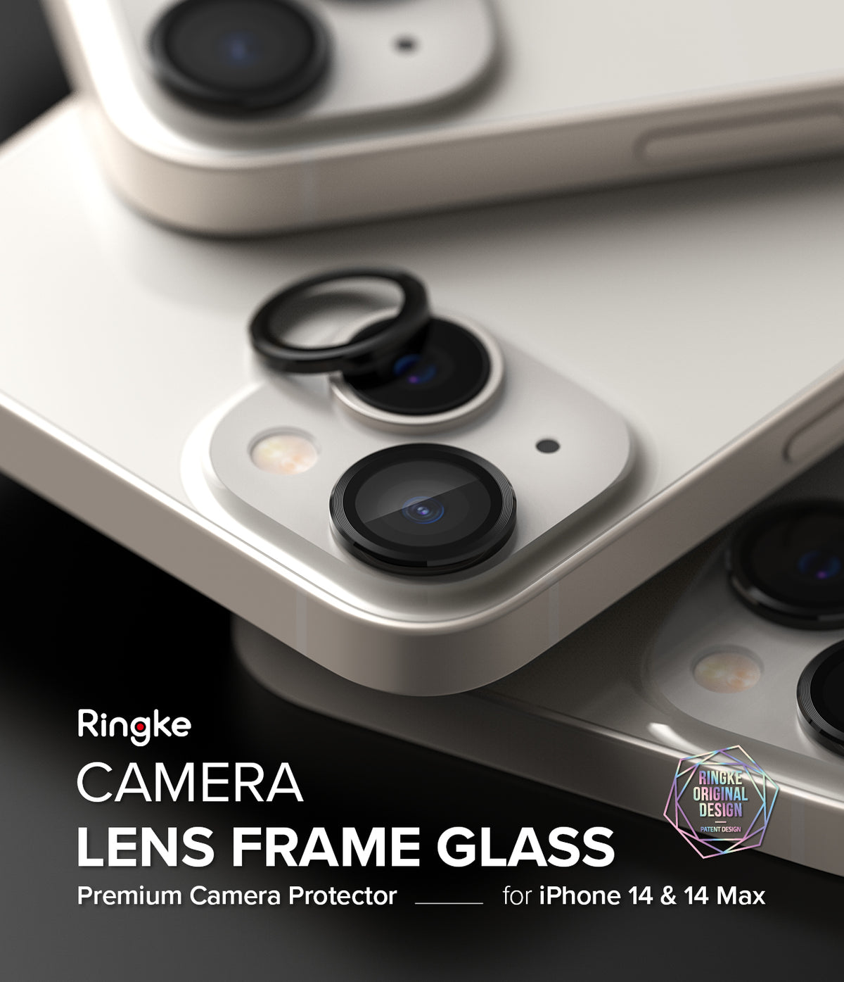 iPhone 14 Plus / 14 | Camera Lens Frame Glass - Black protective rings being applied to the dual camera lenses of a white iPhone.