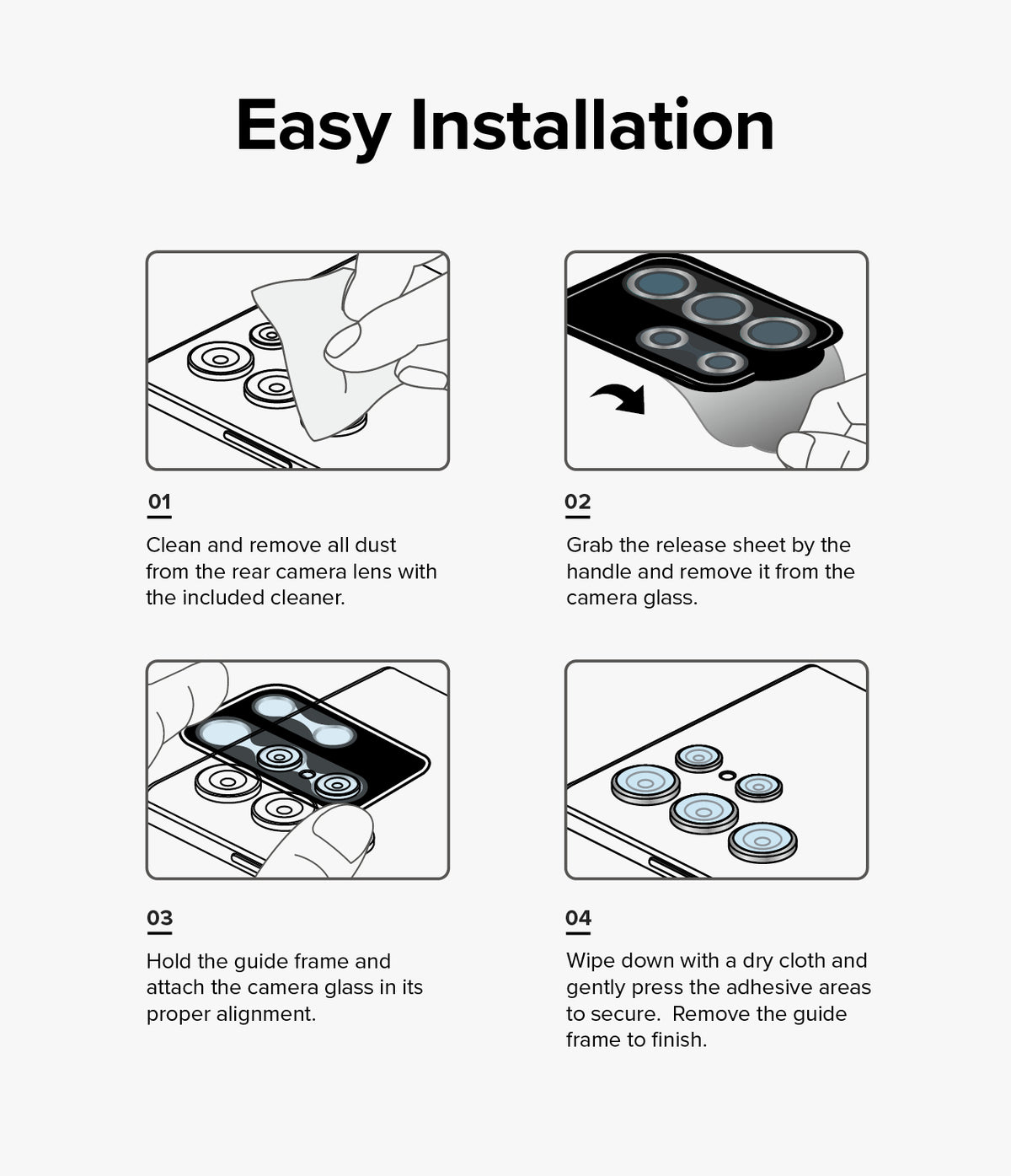 iPhone 14 Plus / 14 | Camera Lens Frame Glass - Four-step illustrated guide showing how to clean and install lens protectors.