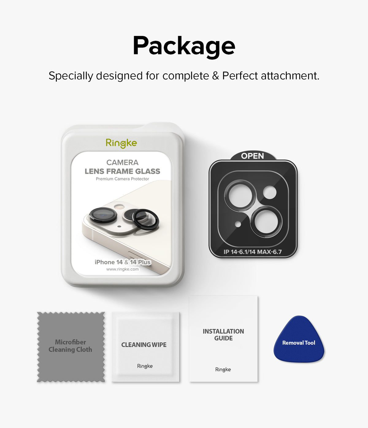 iPhone 14 Plus / 14 | Camera Lens Frame Glass - Packaging contents including lens protectors, wipes, guide, and tool.