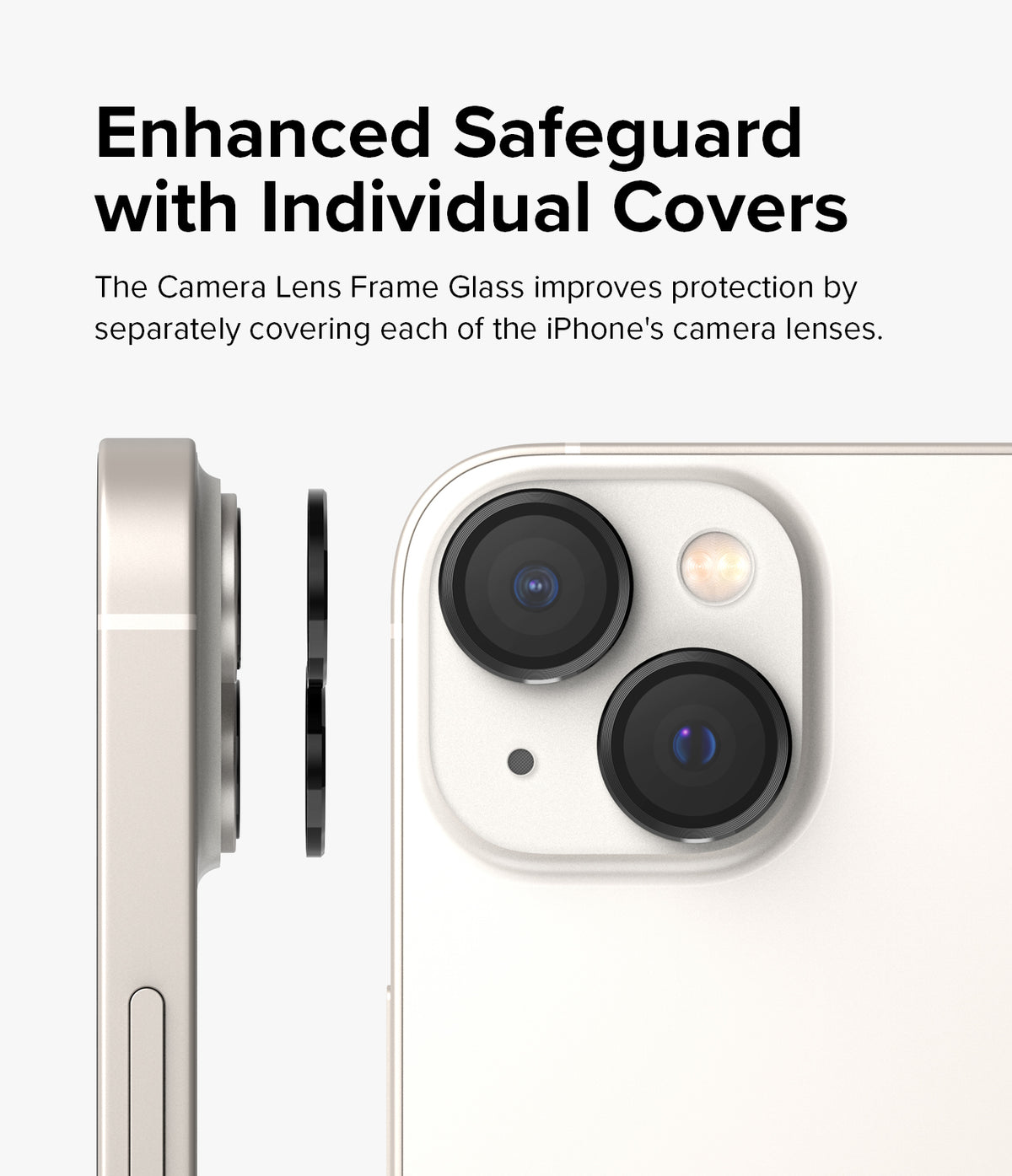 iPhone 14 Plus / 14 | Camera Lens Frame Glass - Black individual lens covers aligning with an iPhone camera module.
