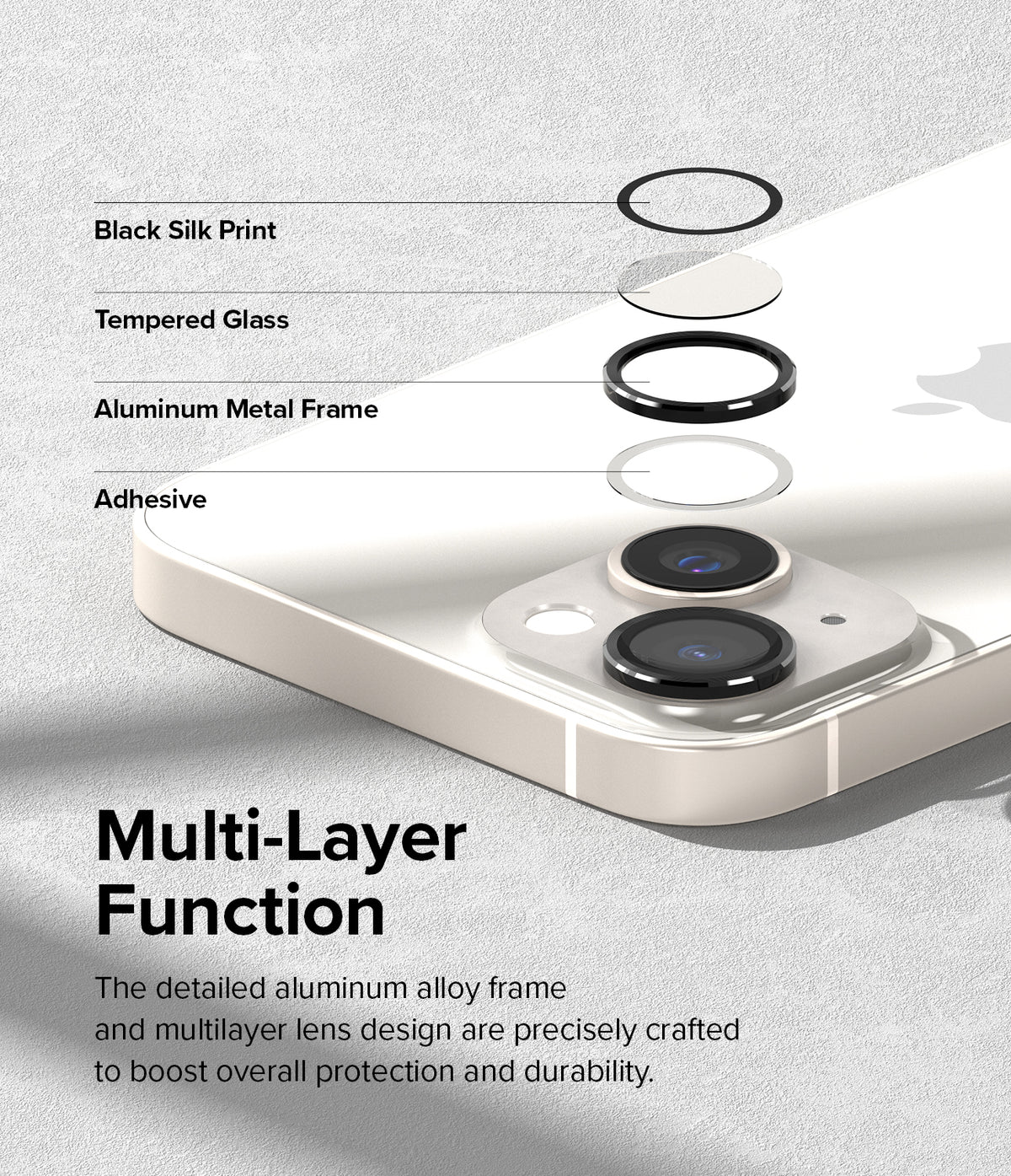 iPhone 14 Plus / 14 | Camera Lens Frame Glass - iPhone 14 Plus / 14 Camera Lens Frame Glass - Exploded view showing layers of a camera lens protector on an iPhone.
