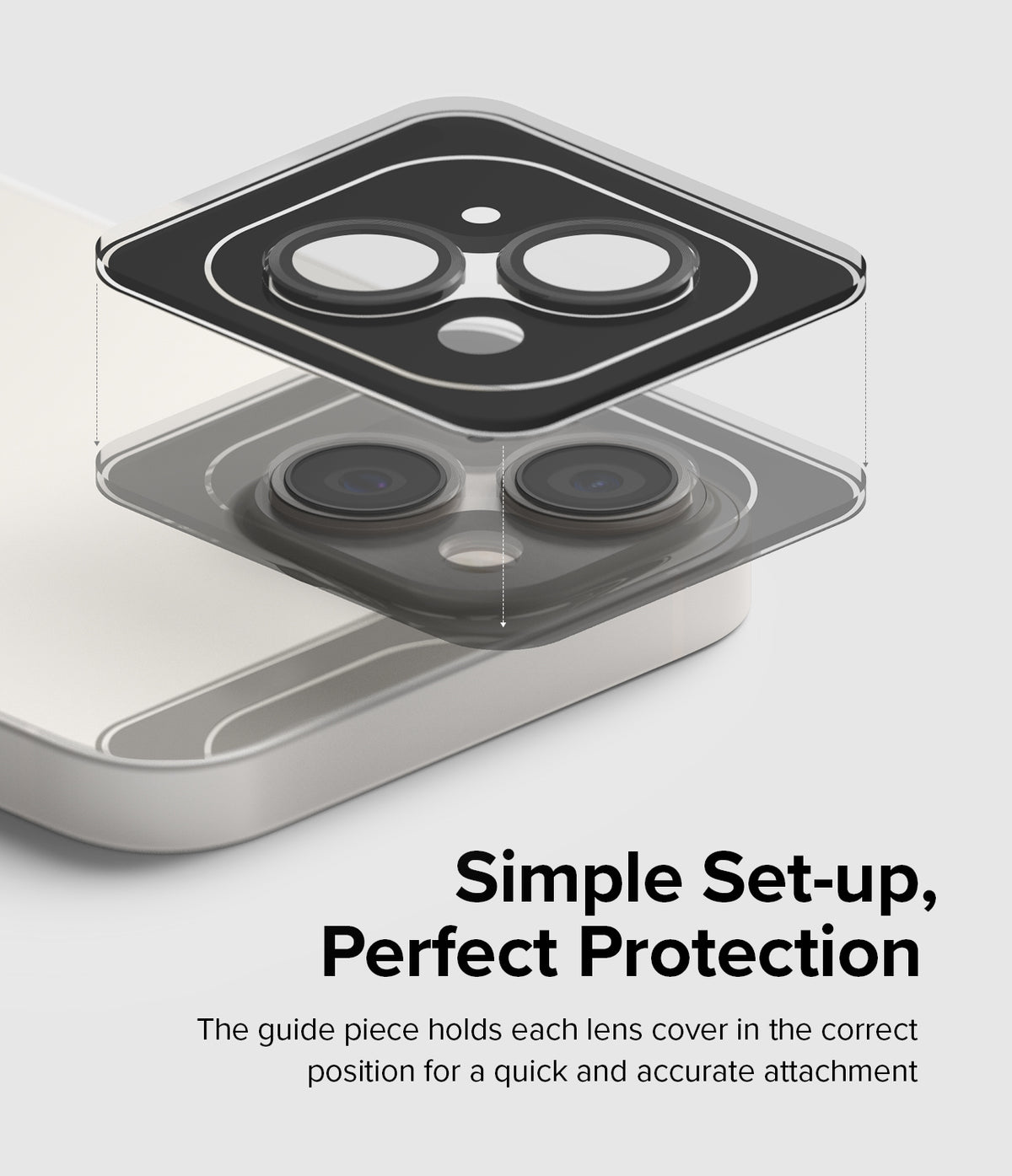 iPhone 14 Plus / 14 | Camera Lens Frame Glass - Protective lens cover aligning over iPhone camera lenses with a guide.