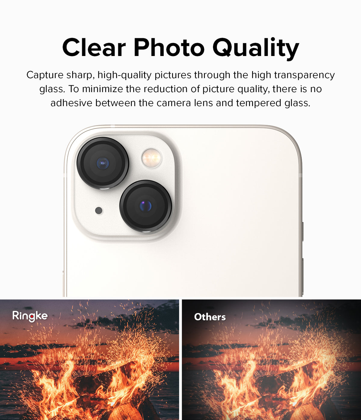 iPhone 14 Plus / 14 | Camera Lens Frame Glass - Close-up of iPhone camera lenses with a comparison showing clearer photo quality.