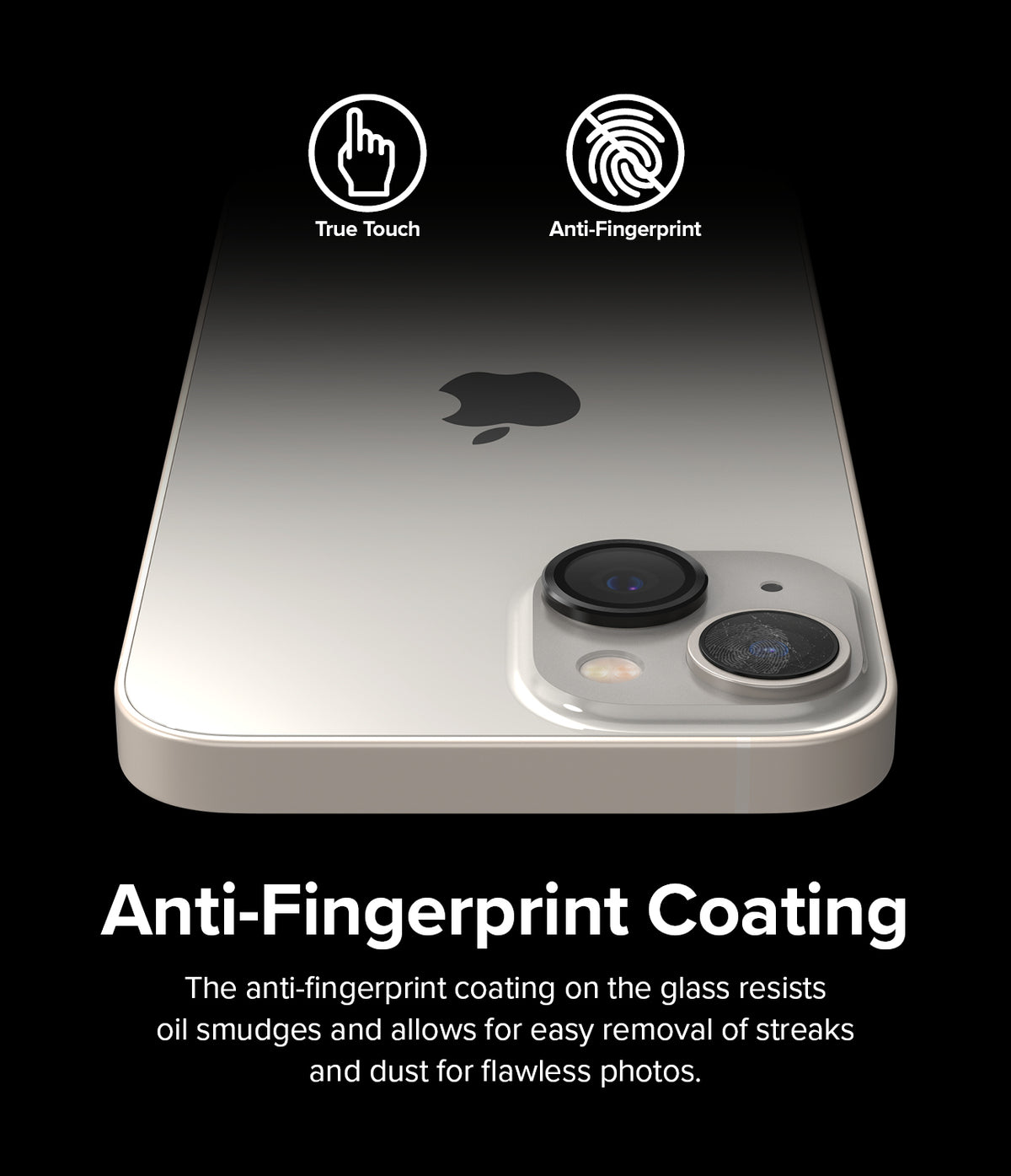 iPhone 14 Plus / 14 | Camera Lens Frame Glass - iPhone back with lens protectors, True Touch and Anti-Fingerprint icons.