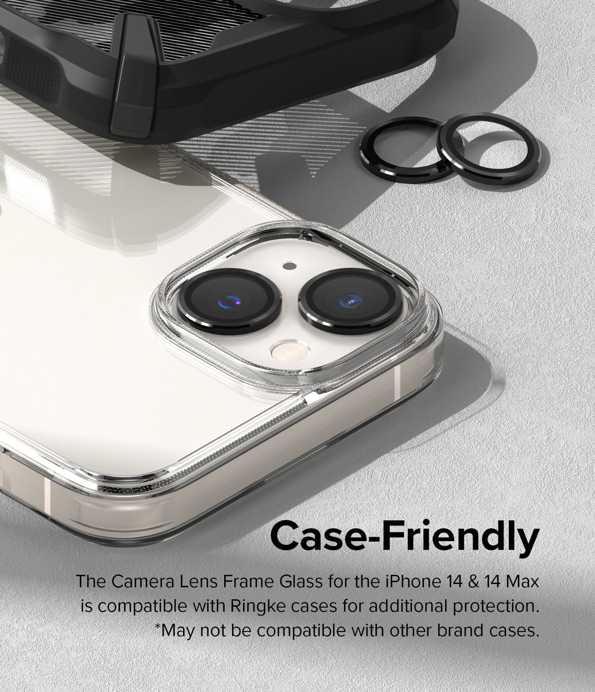 iPhone 14 Plus / 14 | Camera Lens Frame Glass - Black lens protectors installed on an iPhone camera with a phone case.