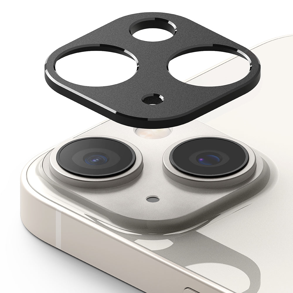 iPhone 14 Plus / 14 | Camera Styling - Black protective camera lens cover hovering above an iPhone camera module.