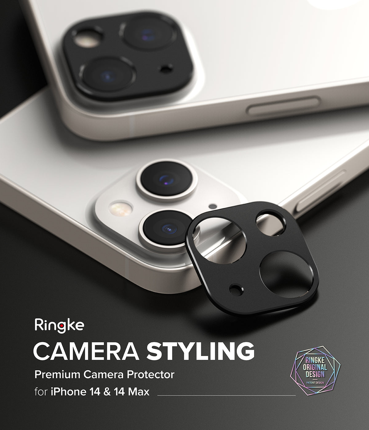 iPhone 14 Plus / 14 | Camera Styling - Black metal camera lens protector being applied to a white iPhone 14 camera module.
