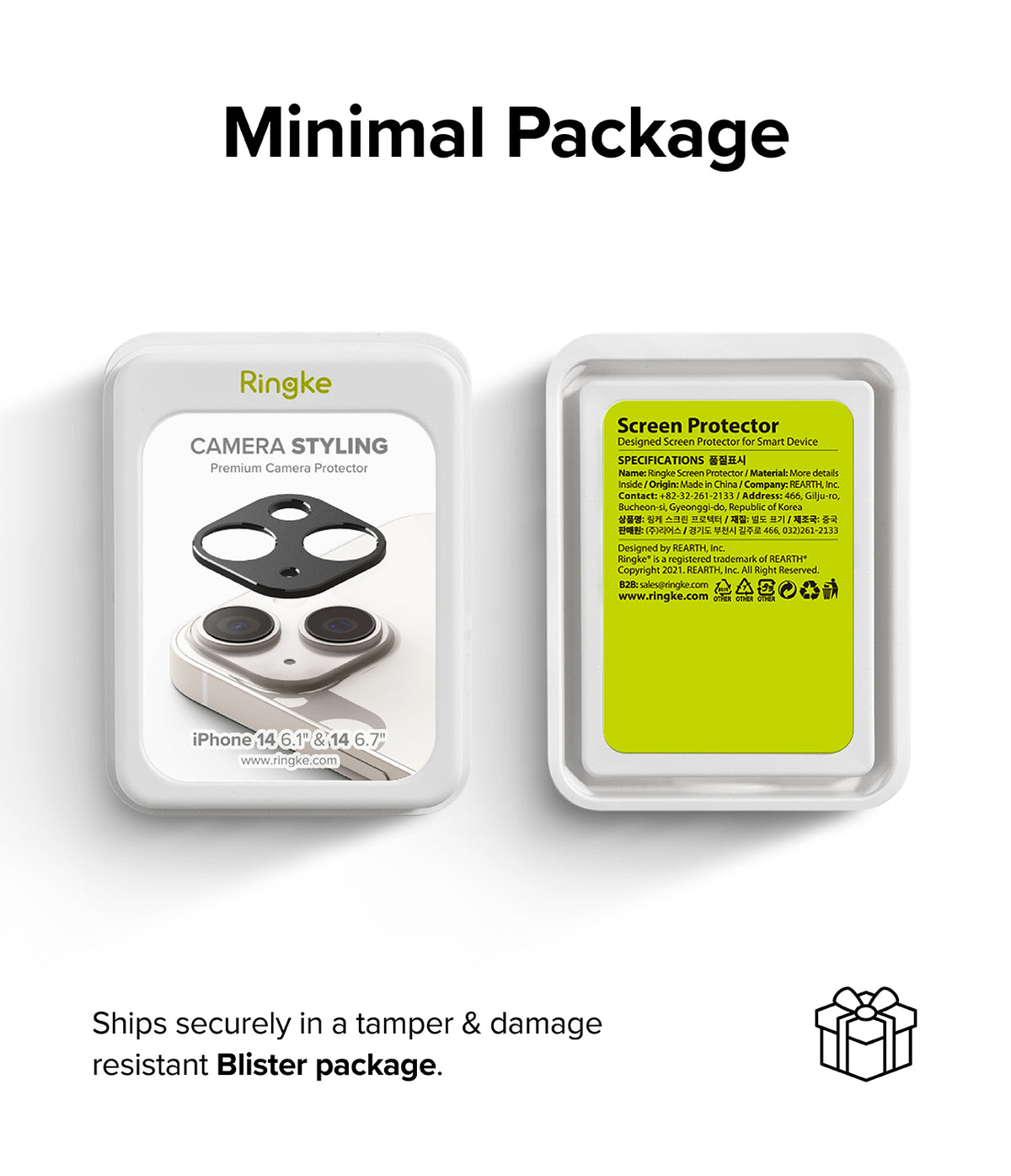iPhone 14 Plus / 14 | Camera Styling - Front and back of Ringke camera protector blister packaging with product details.