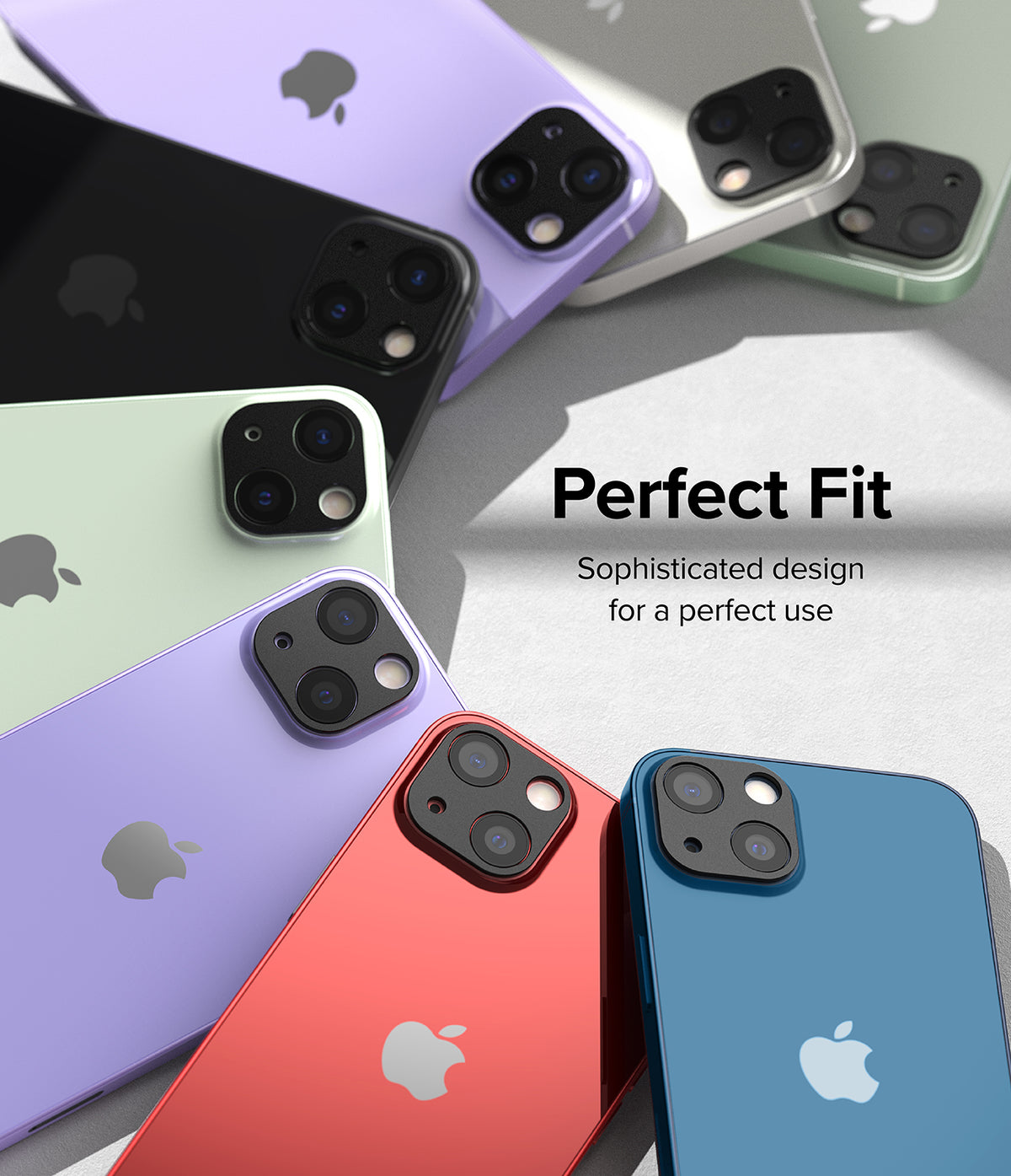 iPhone 14 Plus / 14 | Camera Styling - iPhone 14 Plus / 14 Camera Styling - Multiple colorful iPhones arranged in a fan pattern with black camera lens covers.