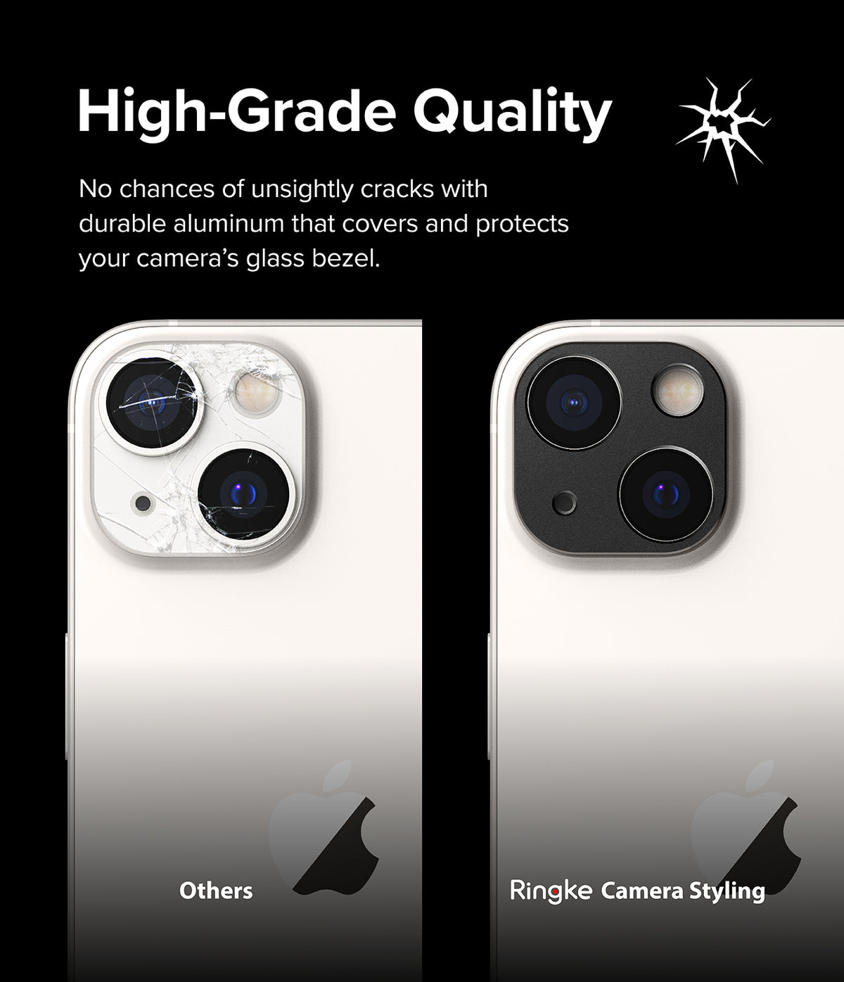 iPhone 14 Plus / 14 | Camera Styling - Comparison of a cracked iPhone camera lens versus one protected by a Ringke aluminum cover.