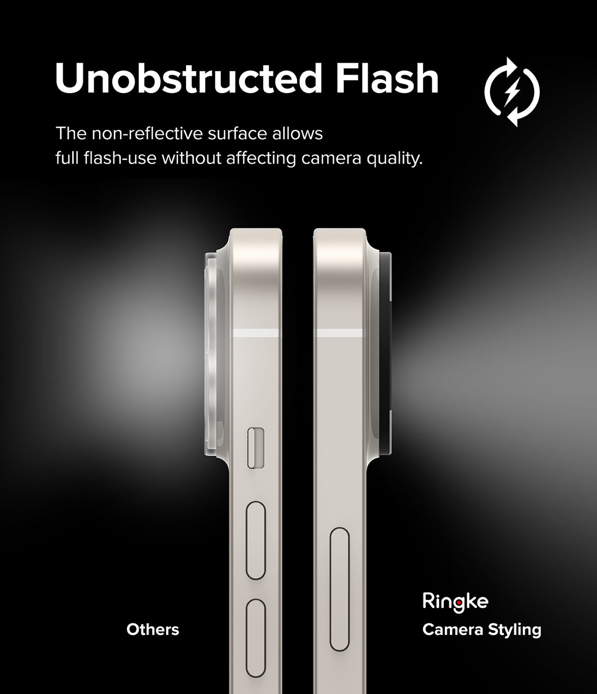 iPhone 14 Plus / 14 | Camera Styling - Side-by-side comparison showing Ringke camera cover allows clear flash vs. others.