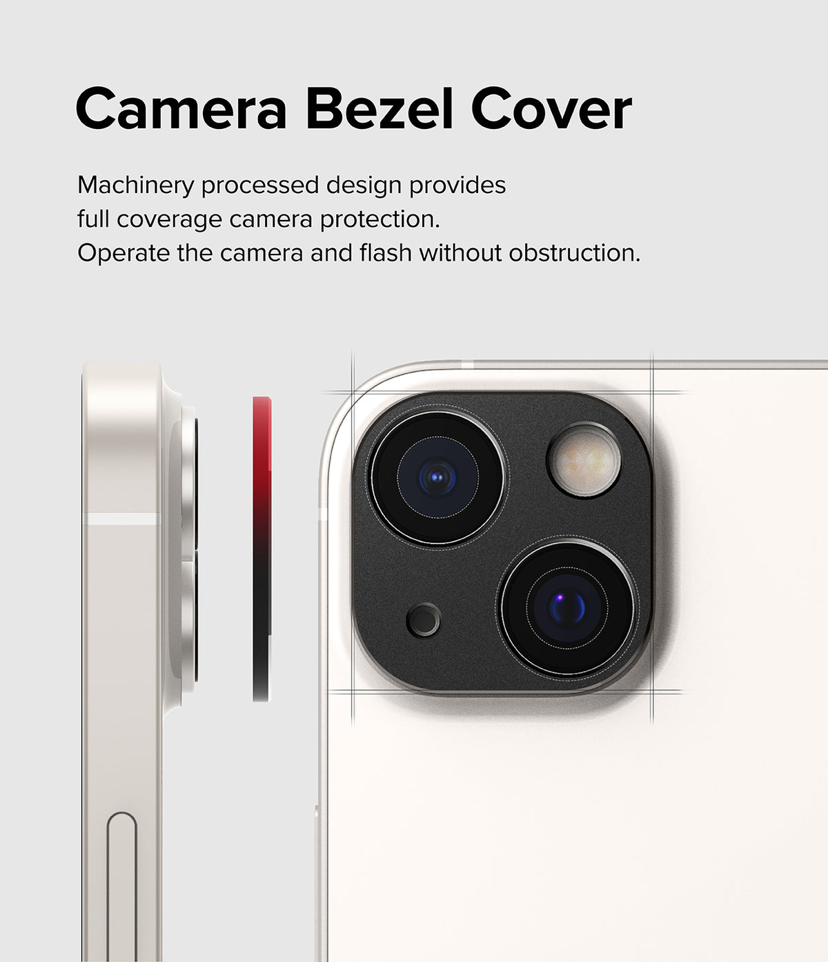 iPhone 14 Plus / 14 | Camera Styling - iPhone 14 Plus / 14 Camera Styling - Side and back view of a phone showing a black camera bezel cover being applied.