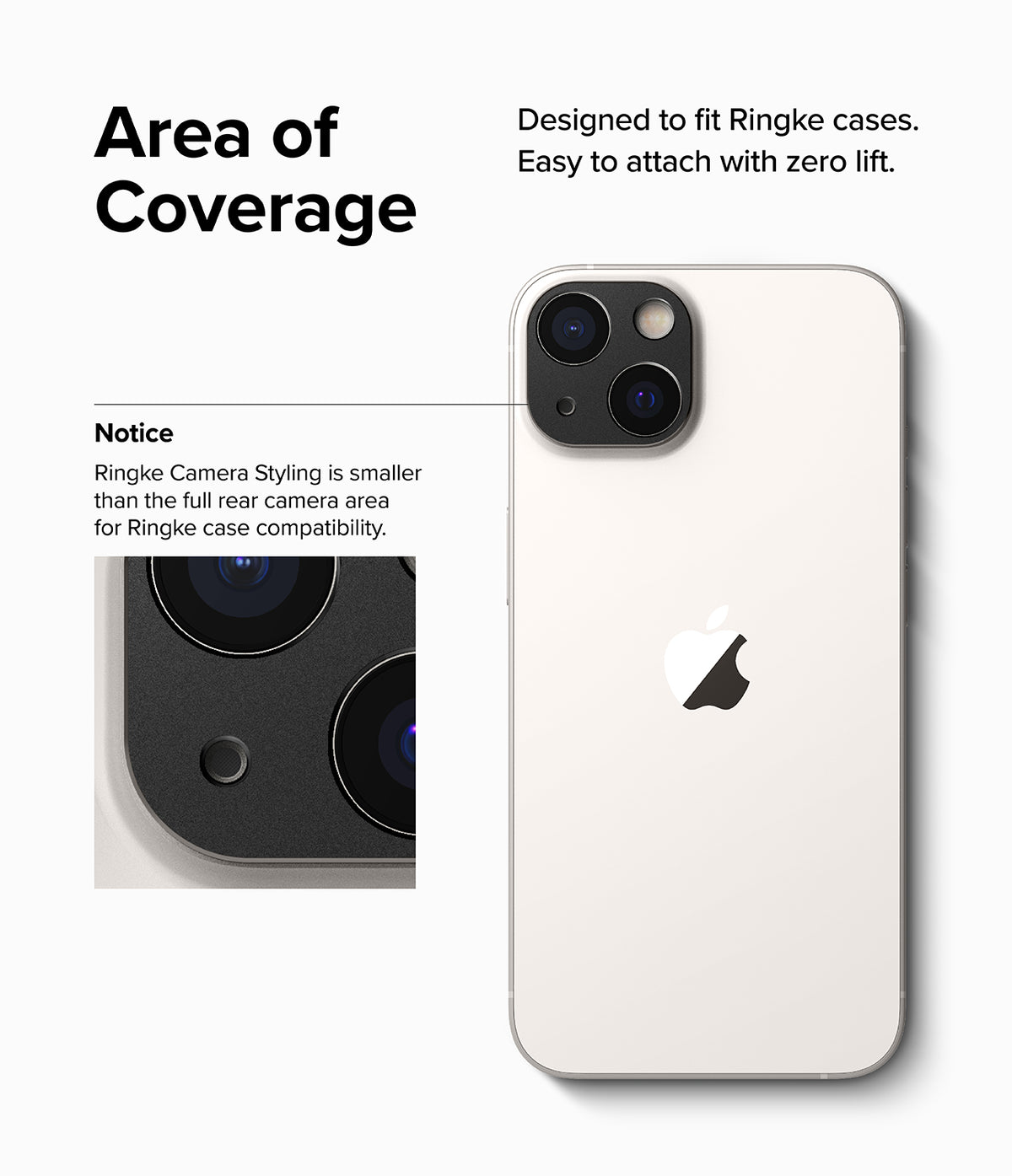 iPhone 14 Plus / 14 | Camera Styling - White iPhone with a black camera lens protector and a close-up showing fit.