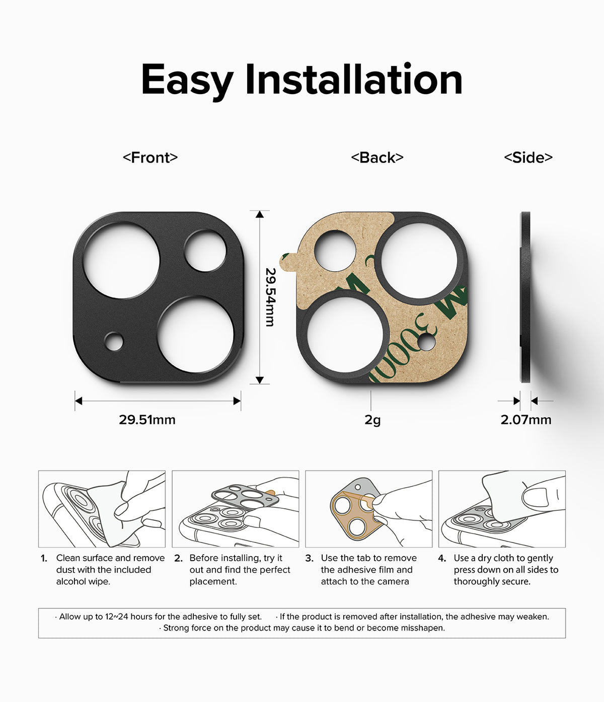 iPhone 14 Plus / 14 | Camera Styling - Technical dimensions and four-step installation guide for a camera lens protector.
