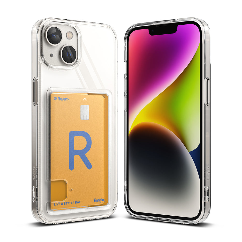 iPhone 14 Case | Fusion Card - Clear phone case with a built-in card slot holding a gold credit card, shown front and back.