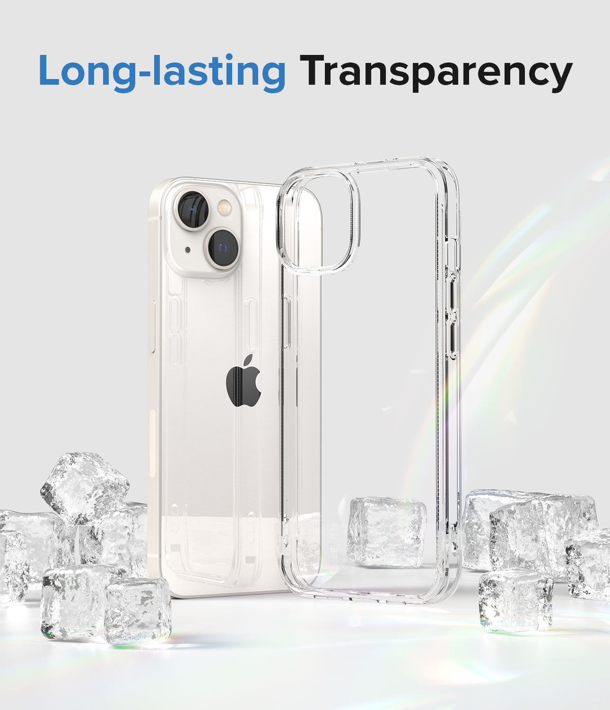 iPhone 14 Case | Fusion - Clear phone case and iPhone 14 surrounded by ice cubes with text Long-lasting Transparency.