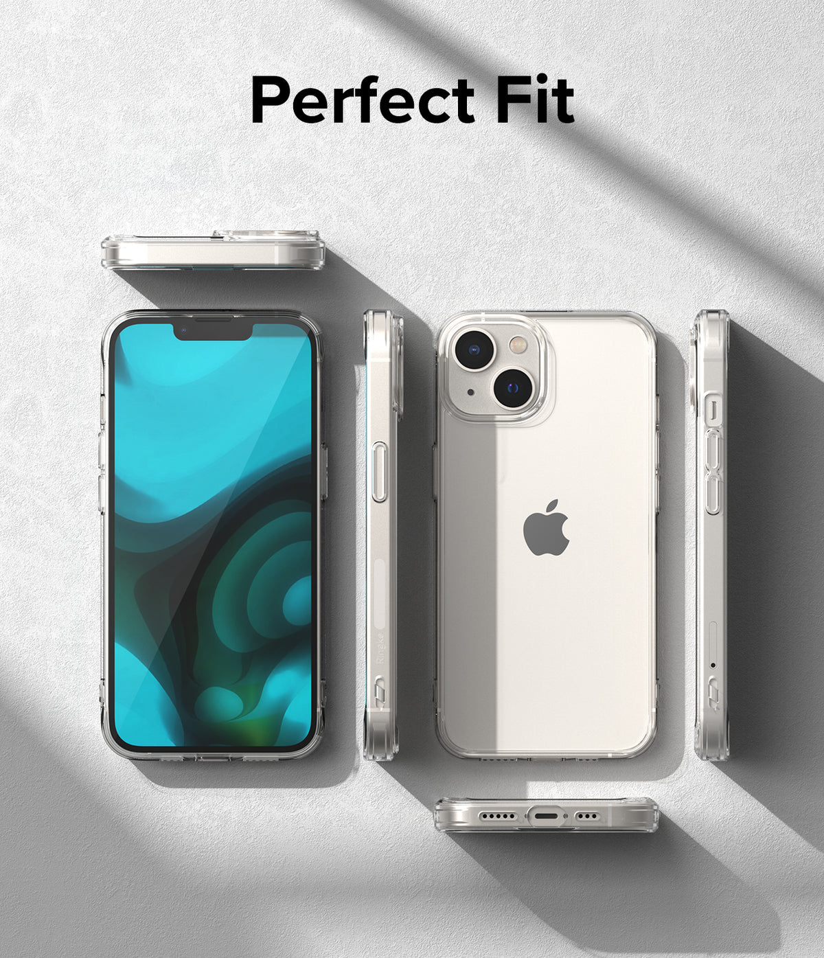 iPhone 14 Case | Fusion - Clear iPhone 14 case shown from multiple angles on a gray background with the text Perfect Fit.