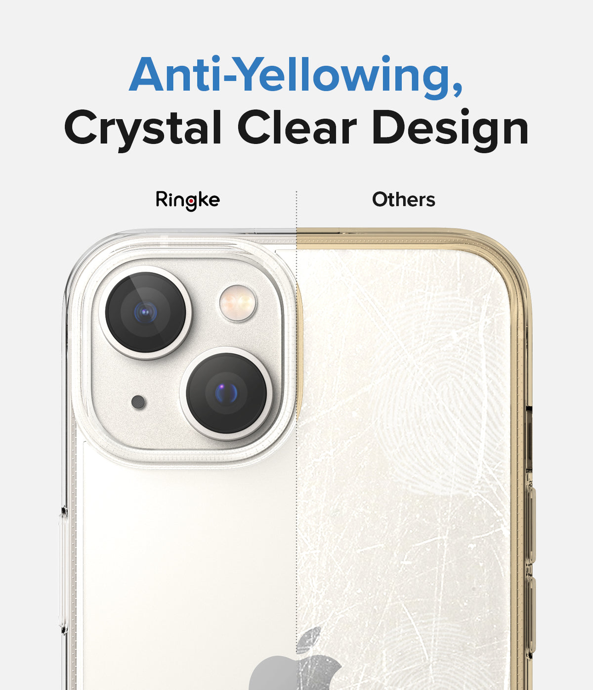 iPhone 14 Case | Fusion - Comparison showing a clear, pristine Ringke case versus a yellowed, scratched competitor case.