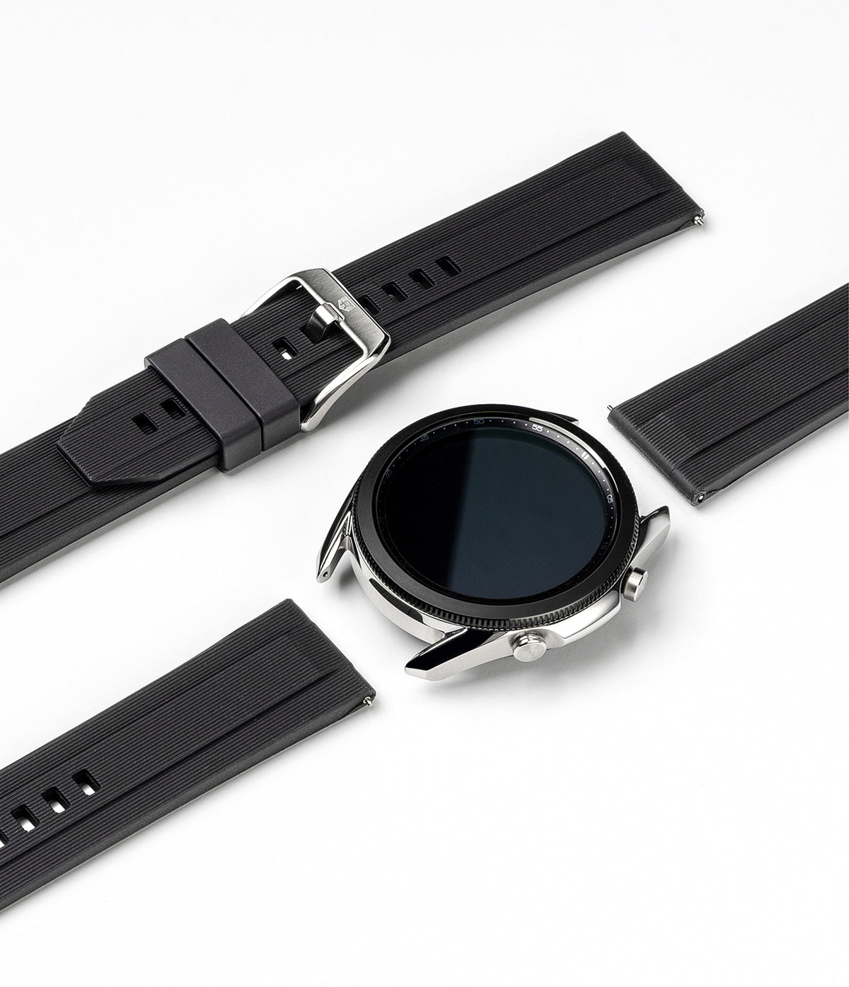 Watch Lug 22mm | Rubber One Band - A silver smartwatch case centered between two detached black ribbed rubber watch straps.