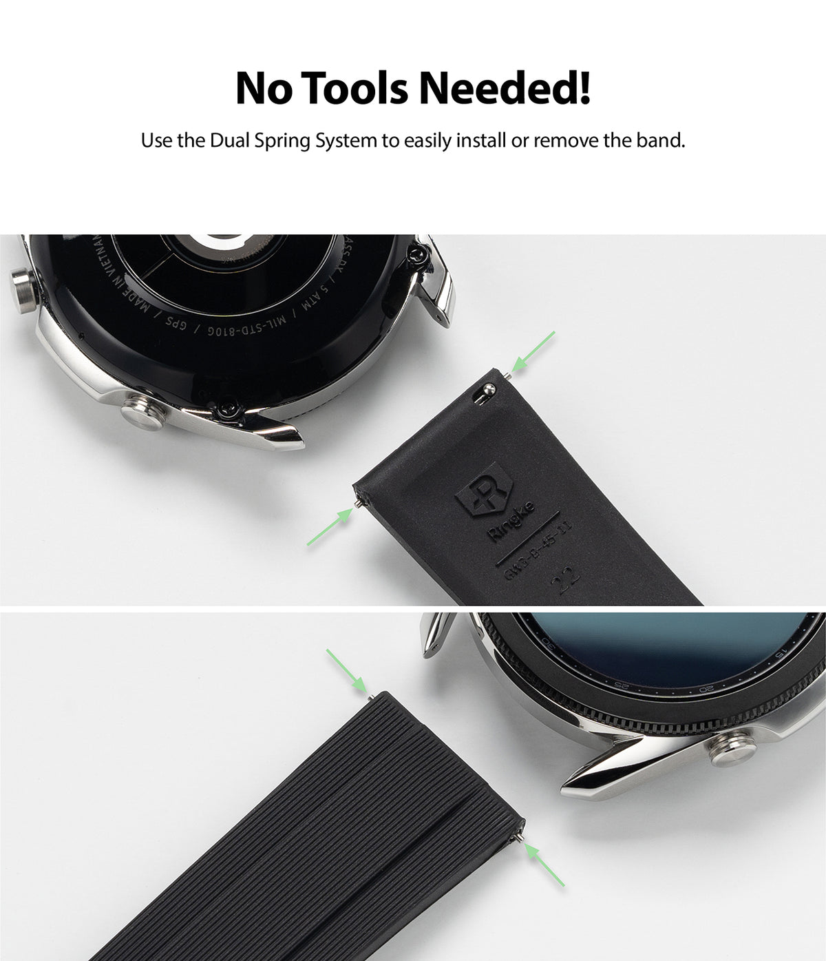 Watch Lug 22mm | Rubber One Band - Black watch band with dual spring pins for tool-free installation on a smartwatch.