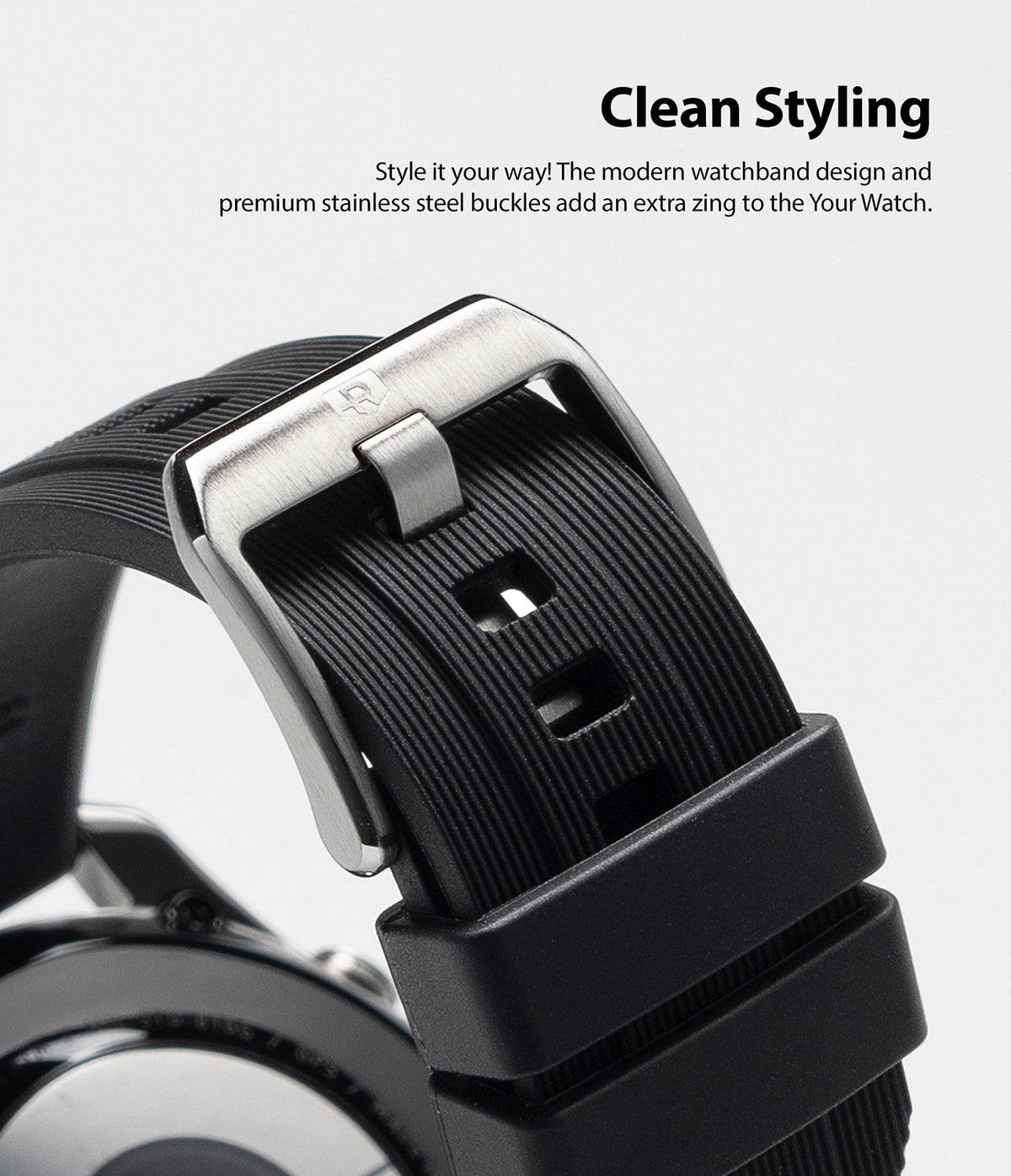 Watch Lug 22mm | Rubber One Band - Close-up of a black ribbed rubber watch strap with a brushed stainless steel buckle.