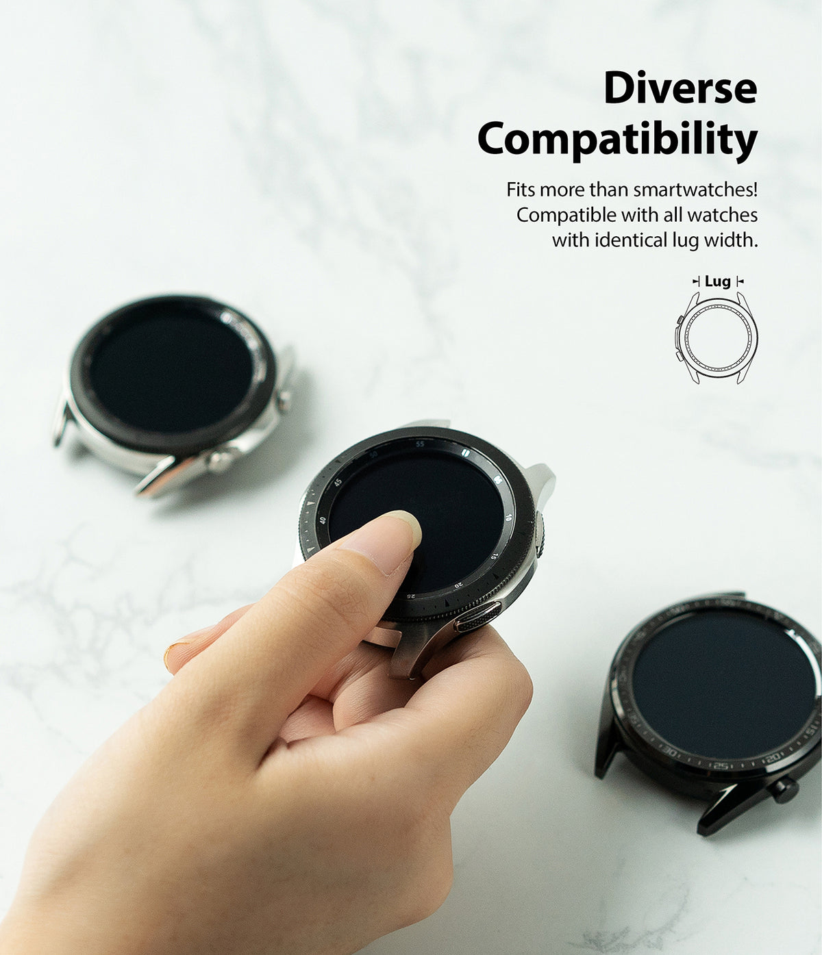 Watch Lug 22mm | Rubber One Band - Hand holding a smartwatch case on a marble surface with text about lug width compatibility.