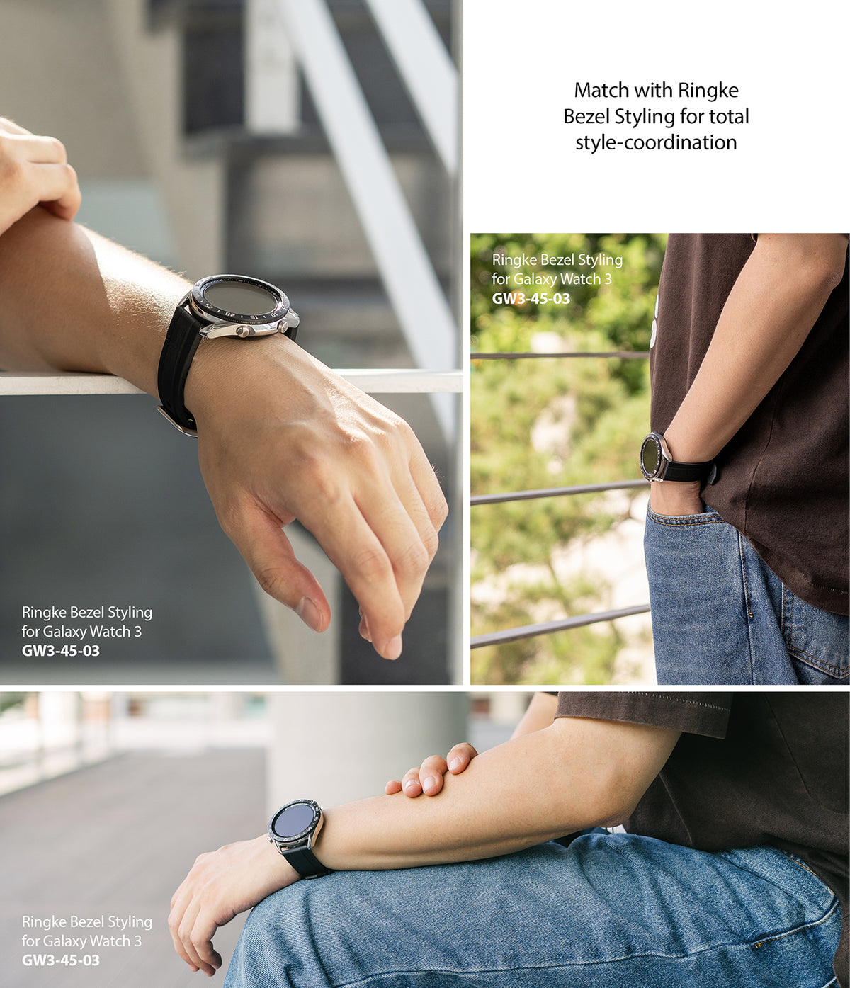 Watch Lug 22mm | Rubber One Band - Three views of a person wearing a black rubber watch band on a Galaxy Watch 3.