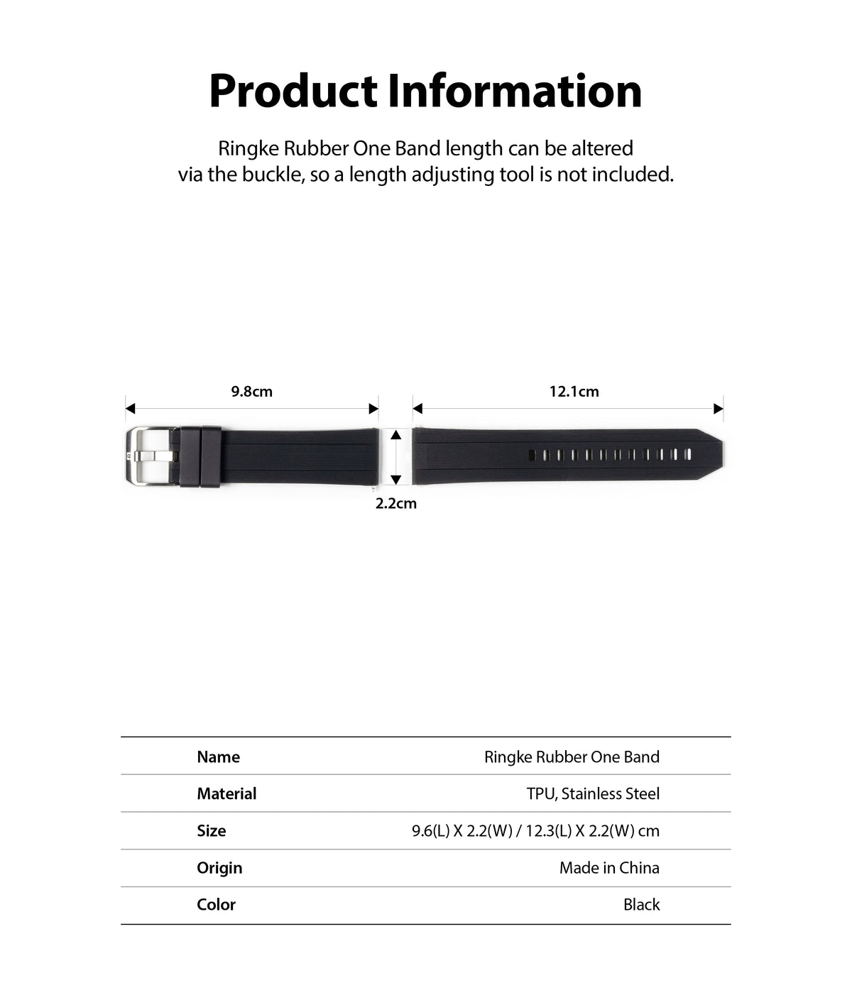 Watch Lug 22mm | Rubber One Band - Black watch strap with dimensions labeled and a table listing product specifications.