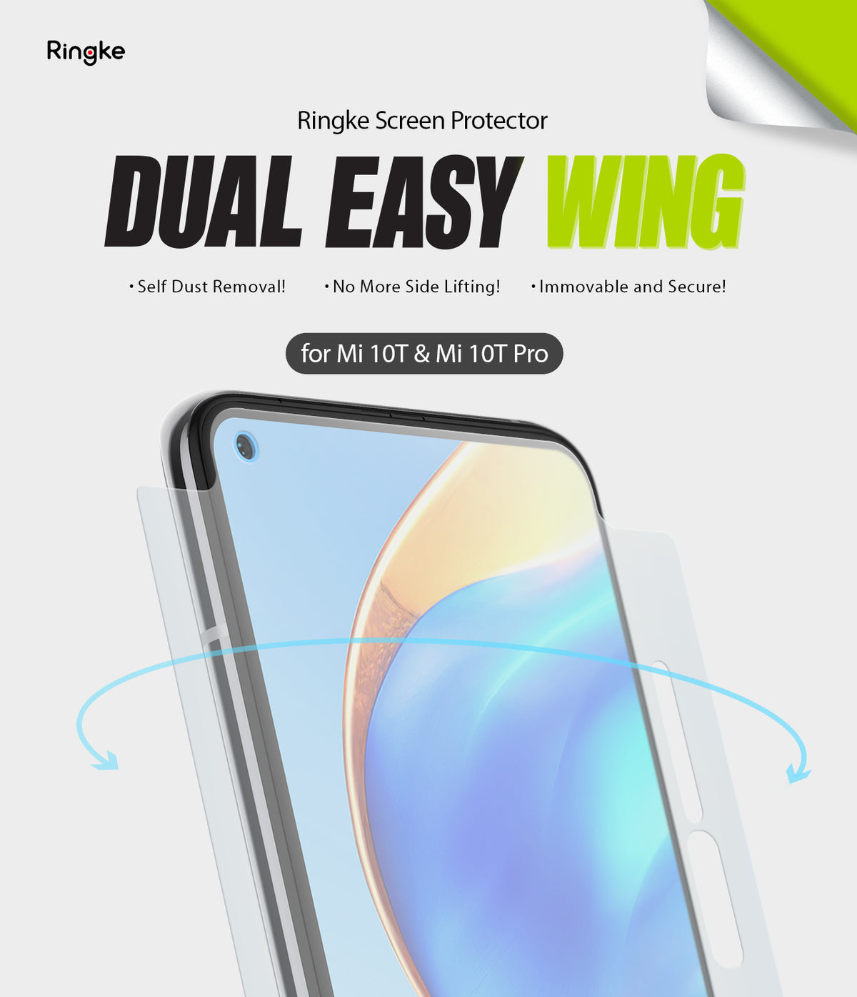 Mi 10T / 10T Pro Screen Protector | Dual Easy Film - Mi 10T / 10T Pro Screen Protector - Ringke Dual Easy Wing film being applied to a smartphone screen with curved edges.