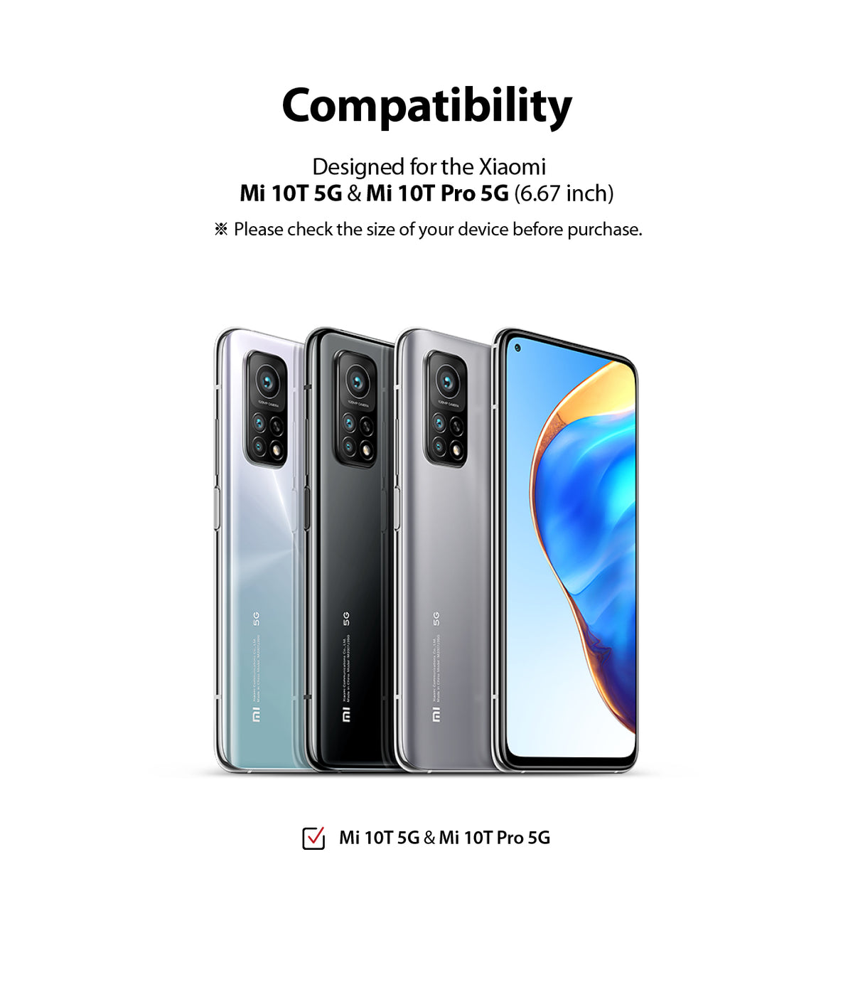 Mi 10T / 10T Pro Screen Protector | Dual Easy Film - Three Xiaomi Mi 10T smartphones in different colors shown from back and front.