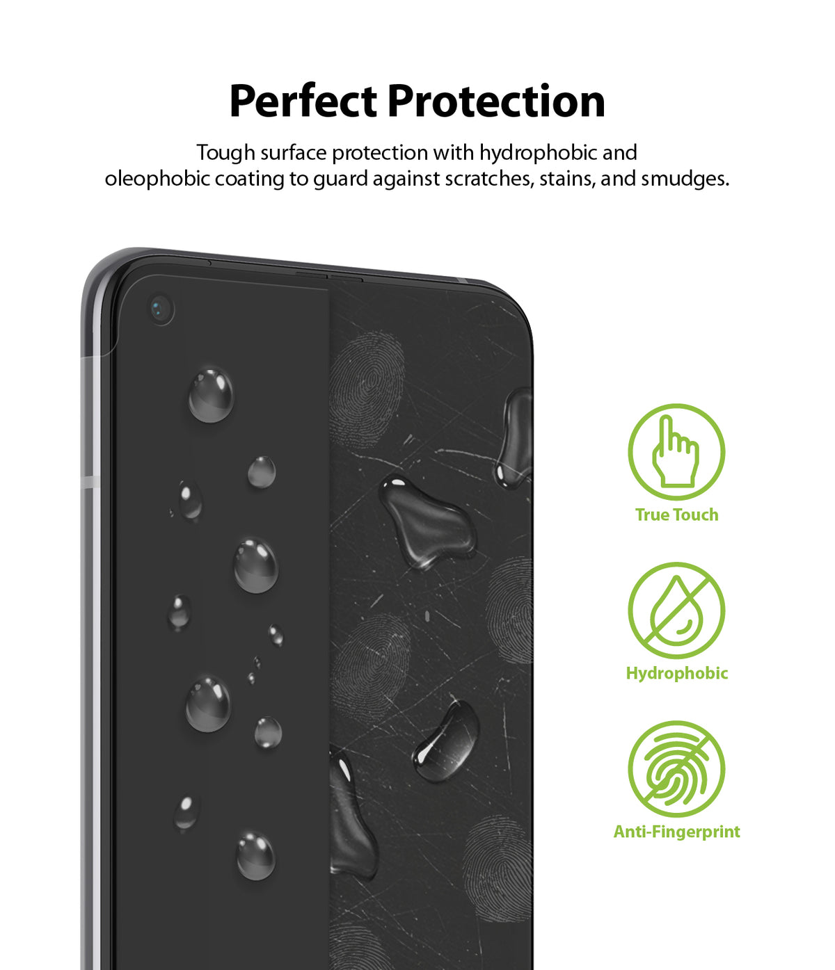 Mi 10T / 10T Pro Screen Protector | Dual Easy Film - Mi 10T / 10T Pro Screen Protector - Smartphone screen showing water beads on one side and smudge resistance on the other.