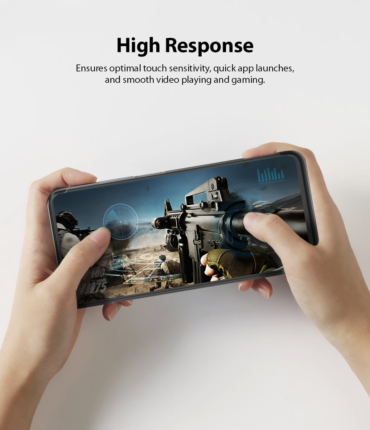 Mi 10T / 10T Pro Screen Protector | Dual Easy Film - Mi 10T / 10T Pro Screen Protector - Hands holding a smartphone displaying a first-person shooter game for high response.