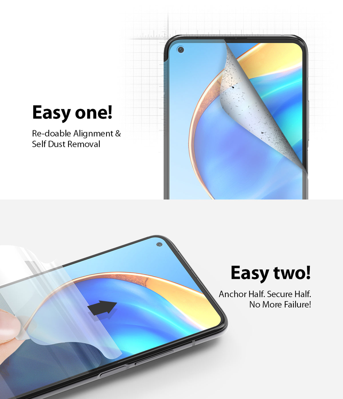 Mi 10T / 10T Pro Screen Protector | Dual Easy Film - Two-step installation guide showing dust removal and alignment.