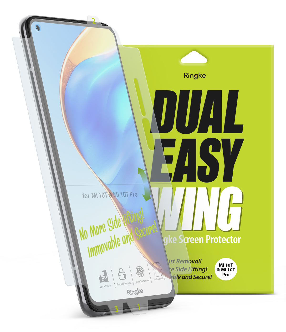 Mi 10T / 10T Pro Screen Protector | Dual Easy Film - Smartphone with partially applied screen protector and packaging.