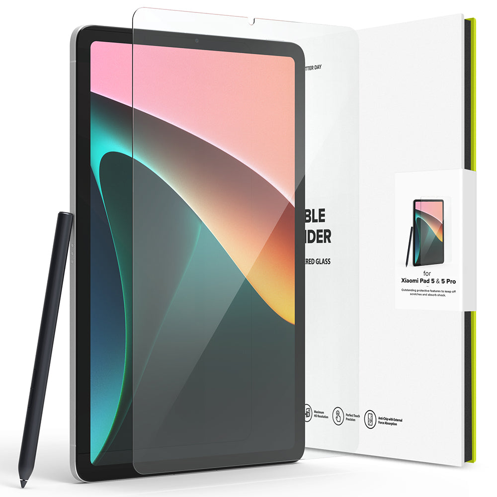 Xiaomi Pad 5 / 5 Pro Screen Protector | Invisible Defender Glass - Xiaomi Pad 5 / 5 Pro Screen Protector - Tablet with stylus and transparent glass screen protector in packaging.