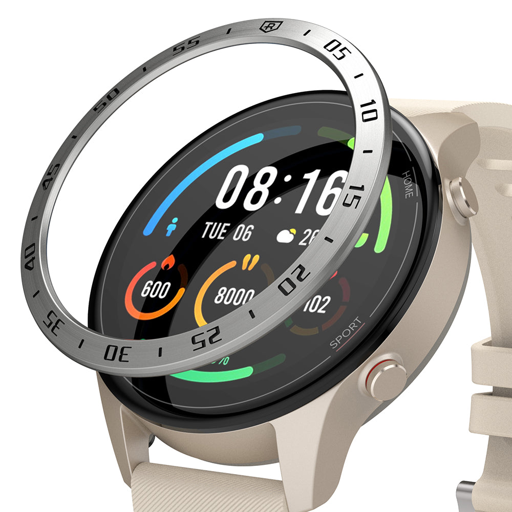 Xiaomi Mi Watch 46mm | Bezel Styling 46-01 - Xiaomi Mi Watch 46mm - Silver metal bezel ring hovering above a beige smartwatch with a digital display.